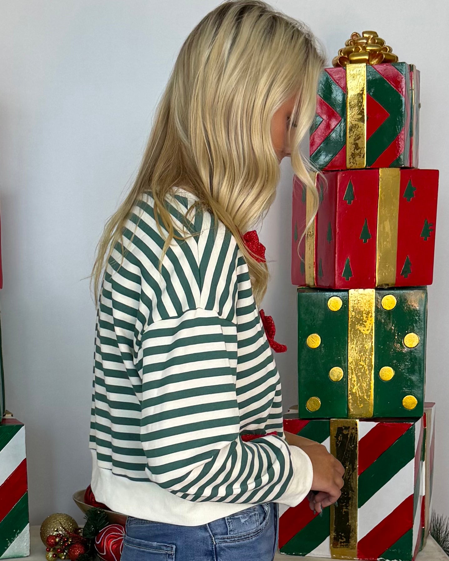 Season Of Giving Hunter/Red Stripe Ribbon Top-Shop-Womens-Boutique-Clothing