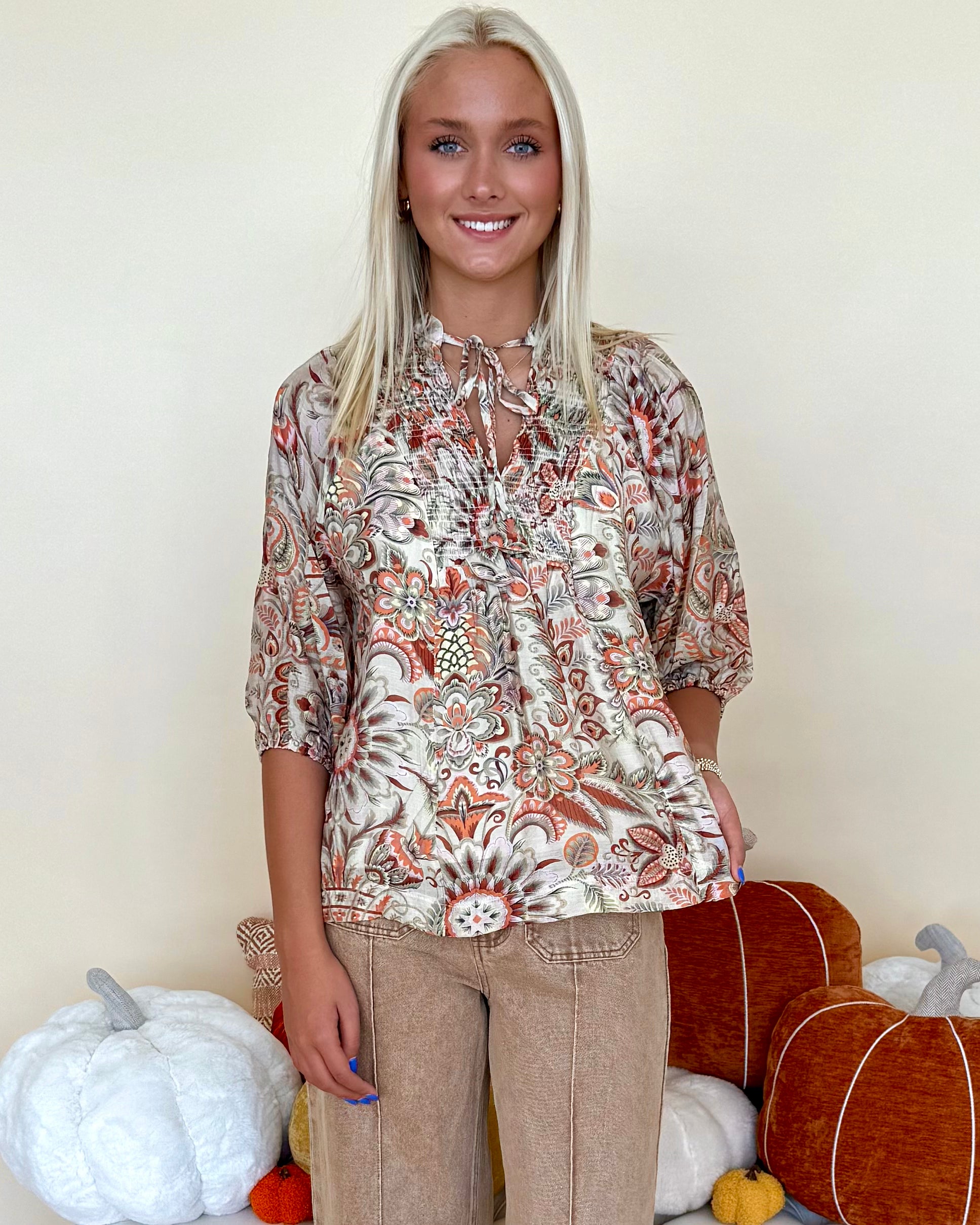Good Taste Brown Printed Smocked Top-Shop-Womens-Boutique-Clothing