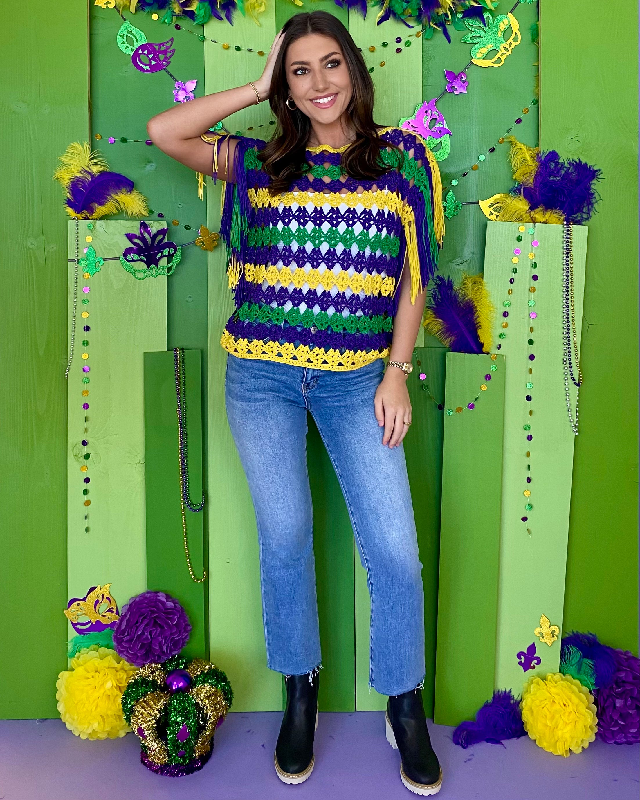 Switch It Purple/Gold/Green Crochet Top-Shop-Womens-Boutique-Clothing