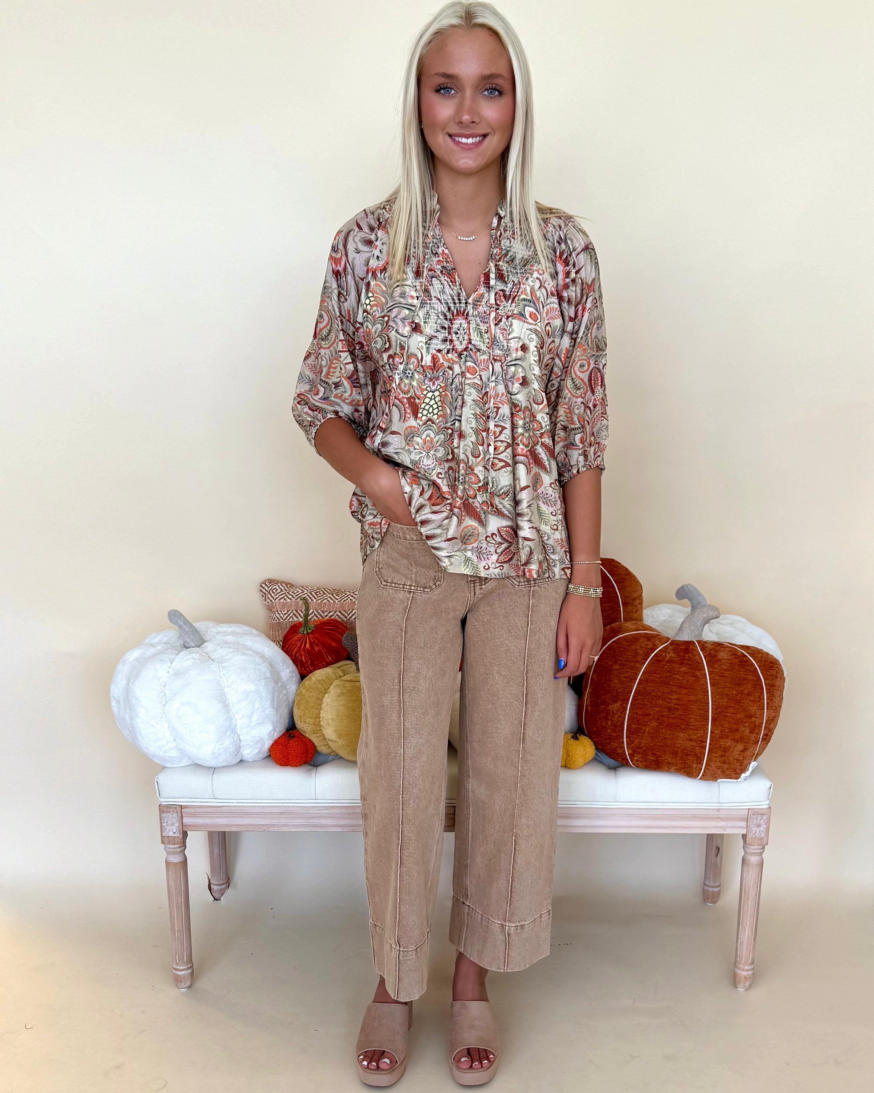Good Taste Brown Printed Smocked Top-Shop-Womens-Boutique-Clothing