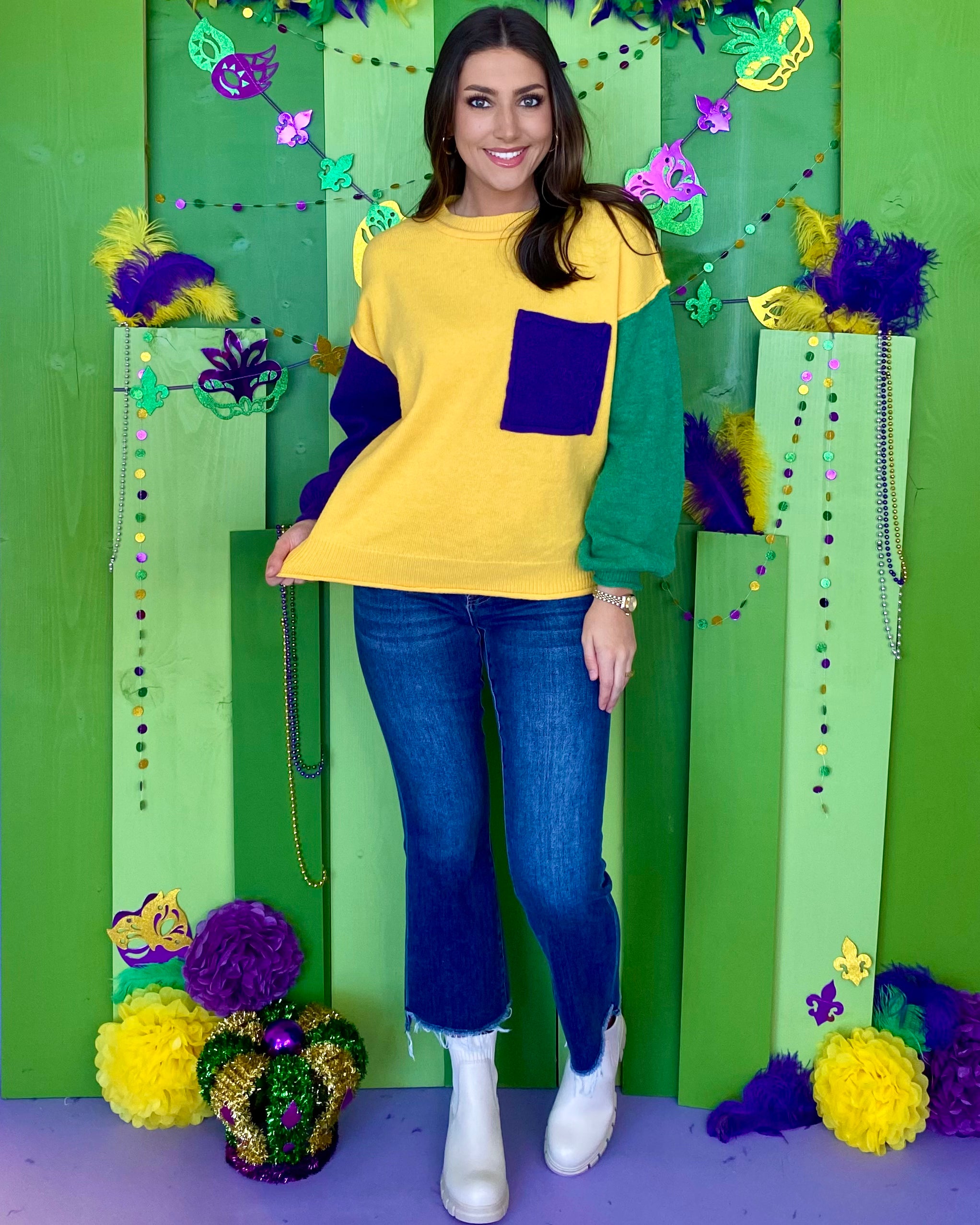 Want More Mustard/Green/Purple Colorblock Sweater-Shop-Womens-Boutique-Clothing