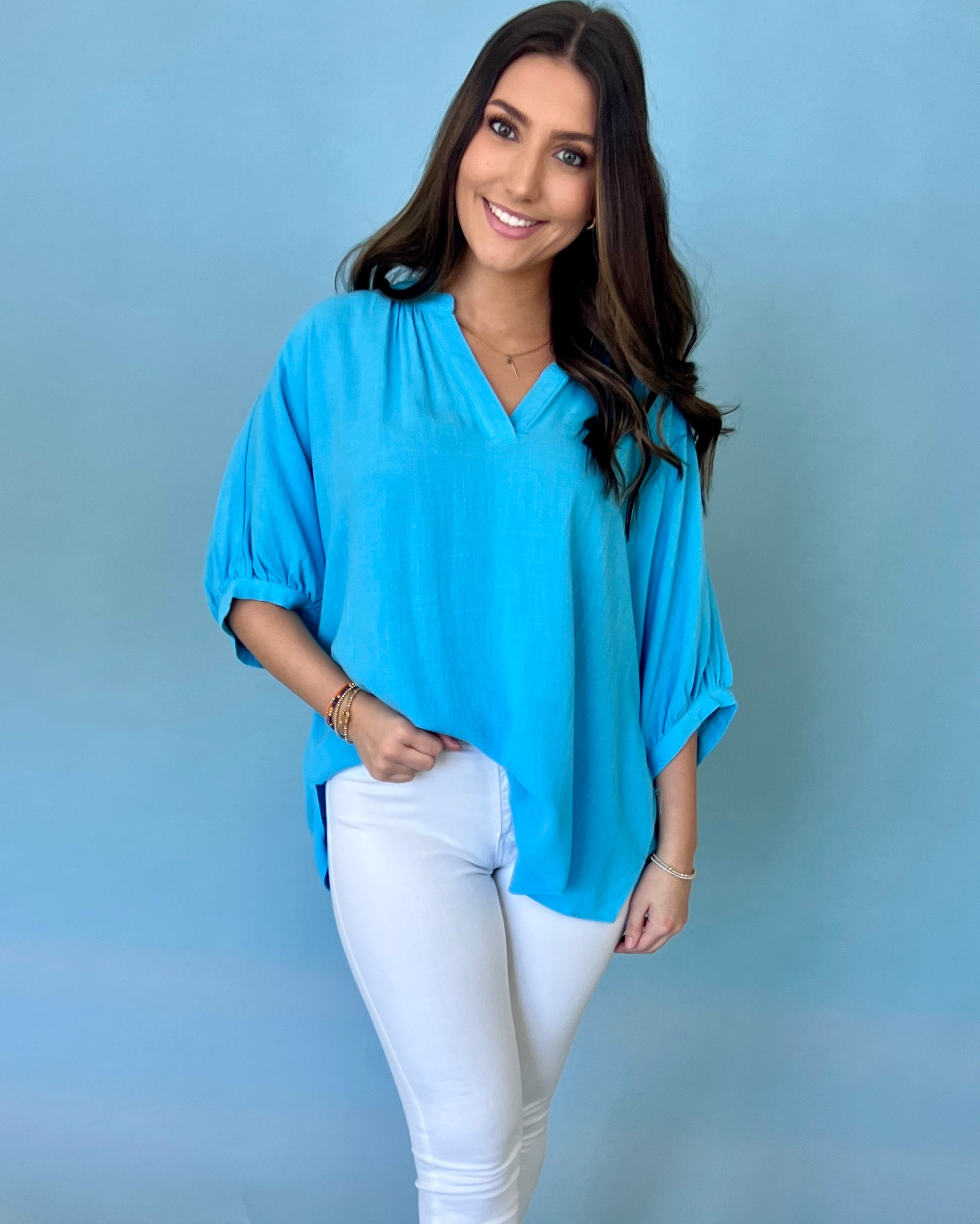 Still Thinking Blue Split Neck Top-Shop-Womens-Boutique-Clothing