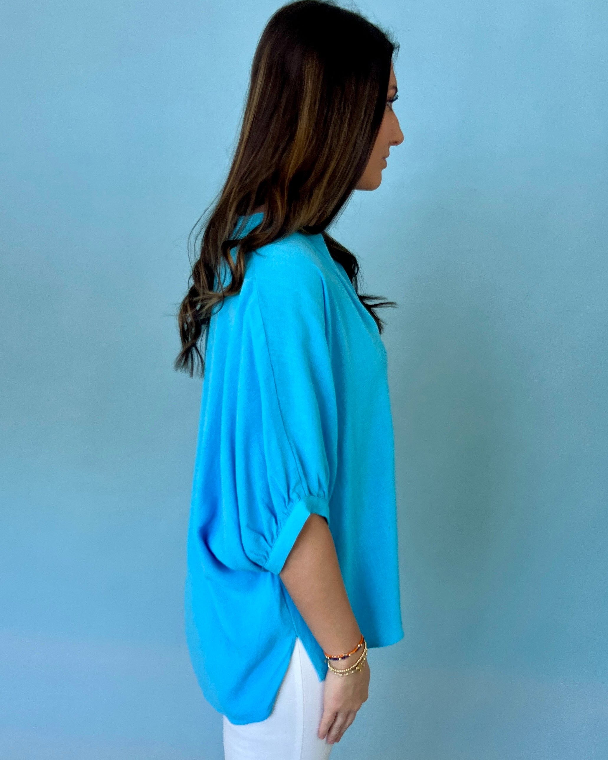 Still Thinking Blue Split Neck Top-Shop-Womens-Boutique-Clothing