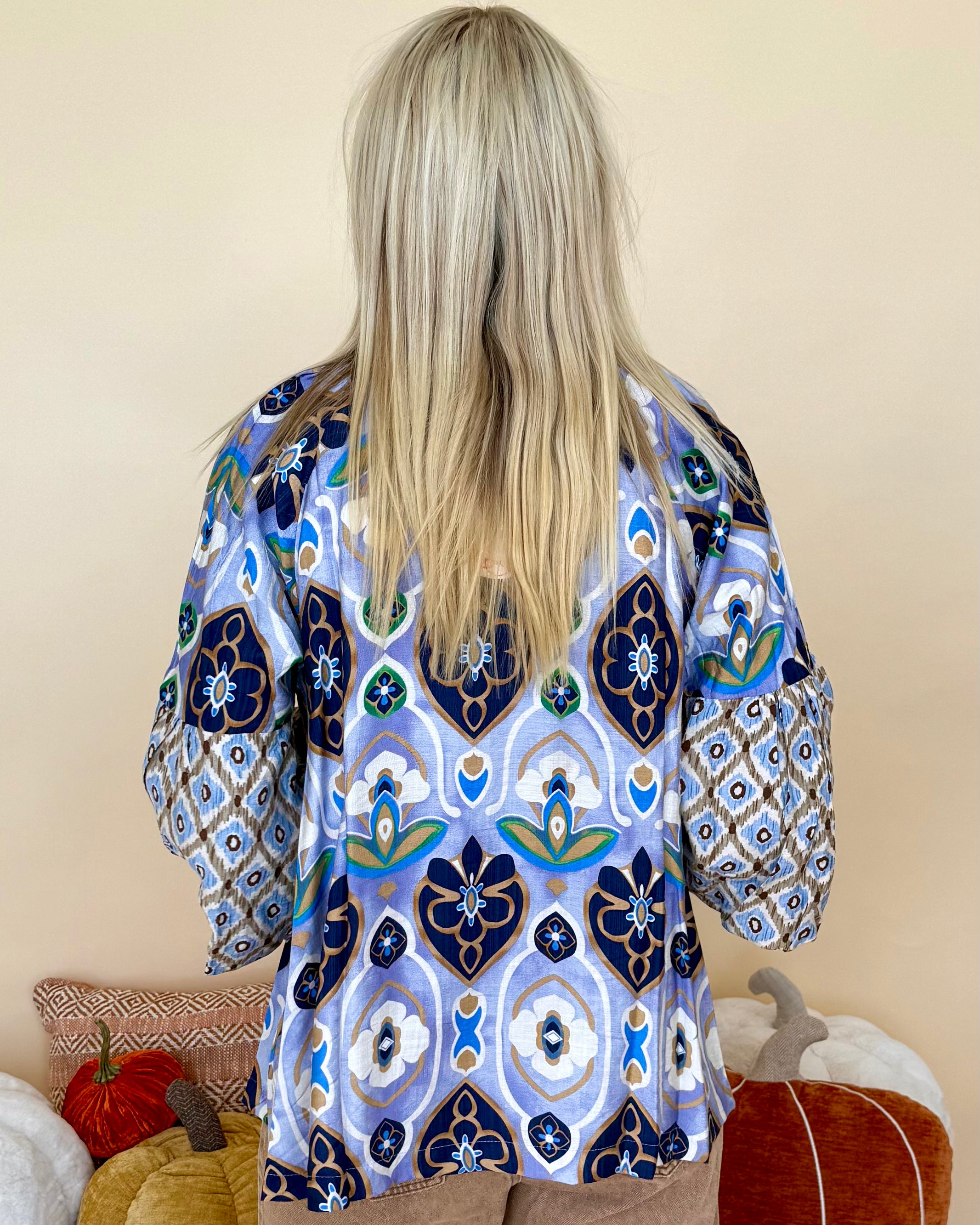 The Meantime Blue Mix Abstract Tie Top-Shop-Womens-Boutique-Clothing