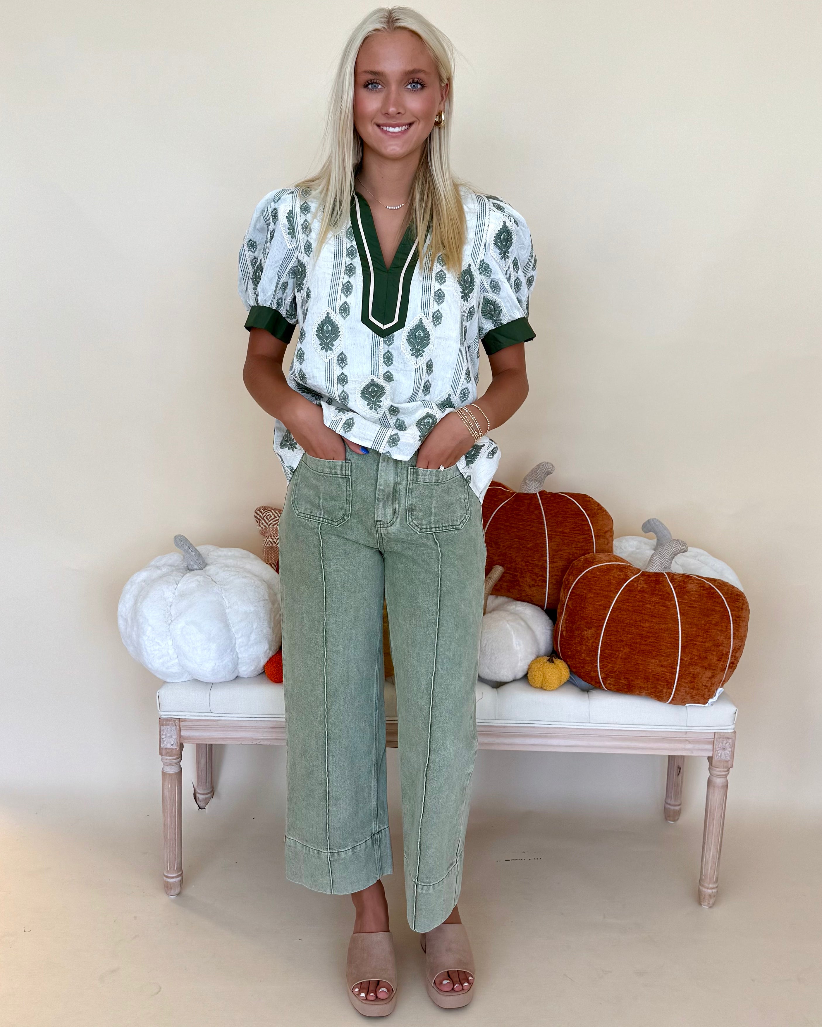 Effortless Fun Olive Abstract V Neck Top-Shop-Womens-Boutique-Clothing