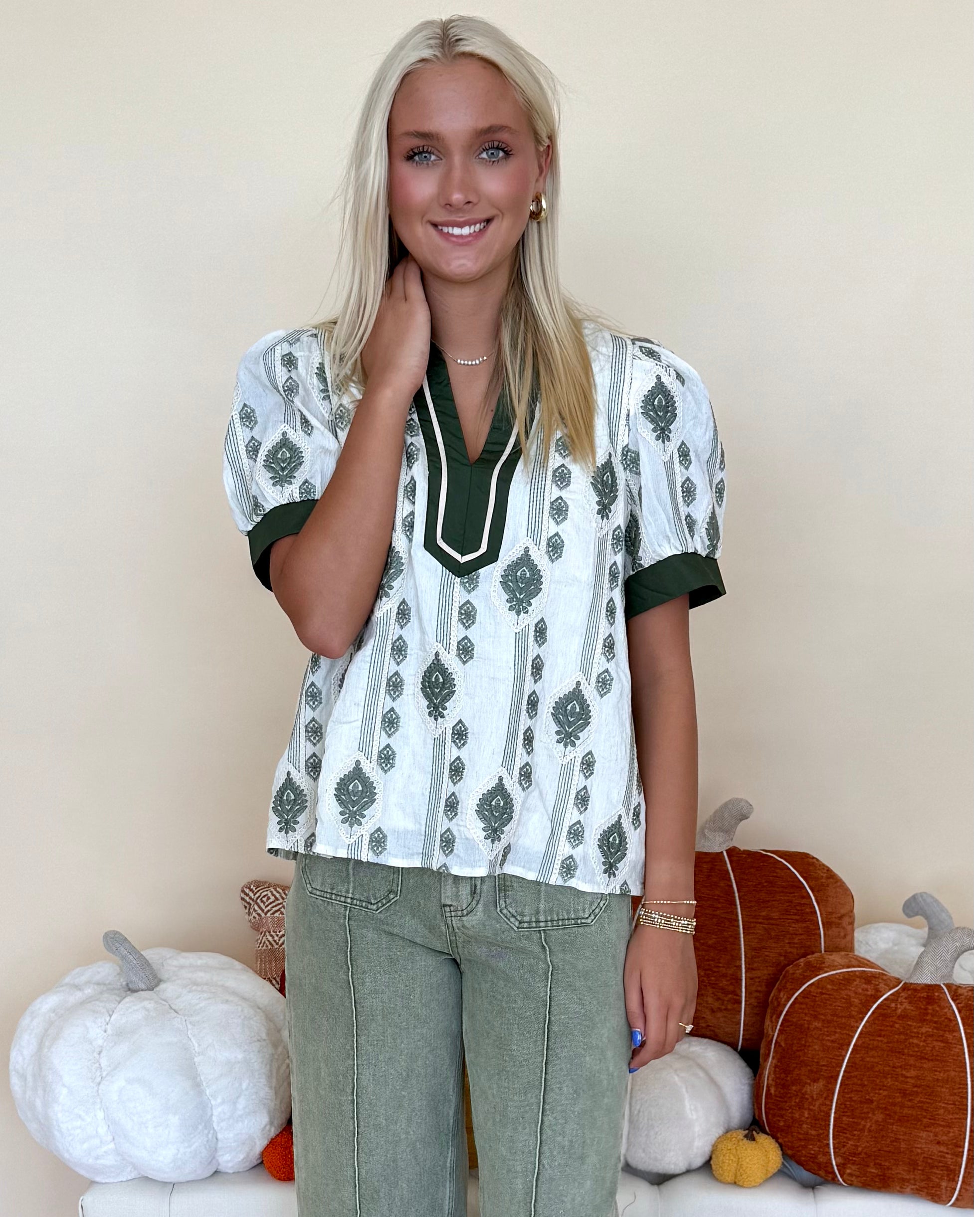 Effortless Fun Olive Abstract V Neck Top-Shop-Womens-Boutique-Clothing