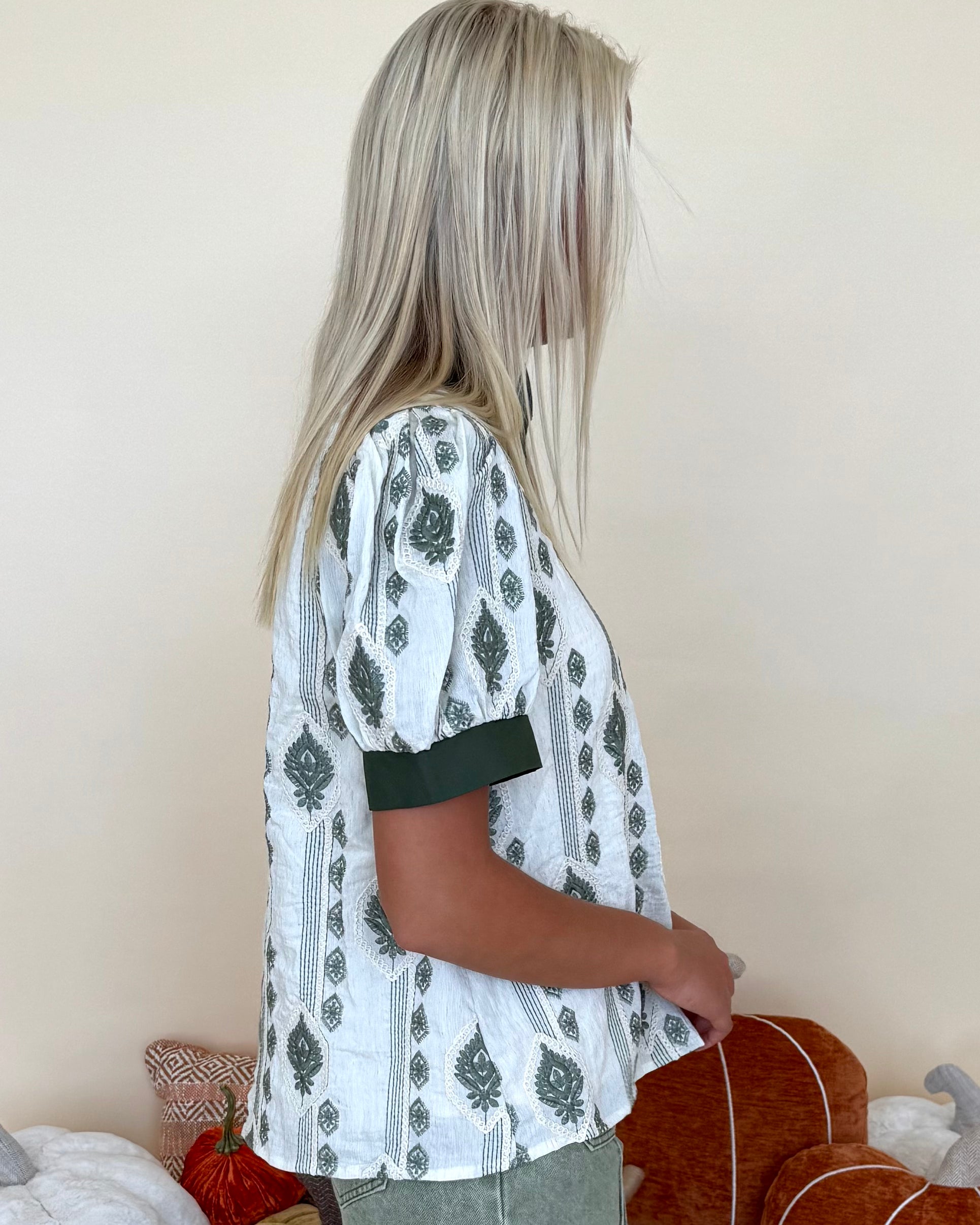 Effortless Fun Olive Abstract V Neck Top-Shop-Womens-Boutique-Clothing