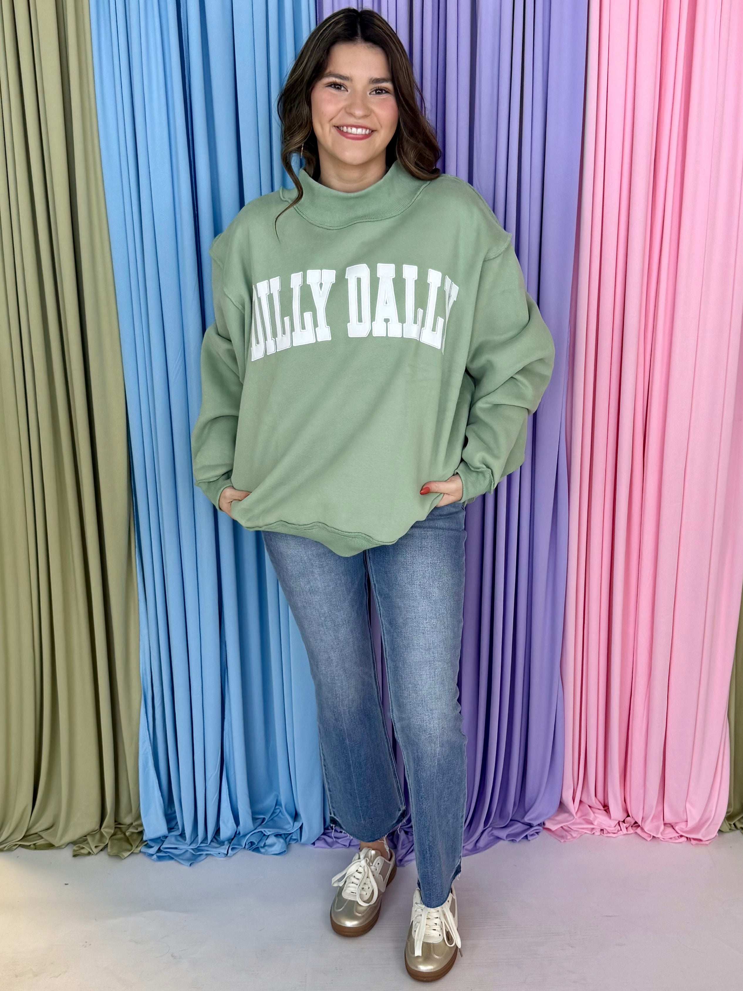 Sage “Dilly Dally” Mock Neck Sweatshirt-Shop-Womens-Boutique-Clothing