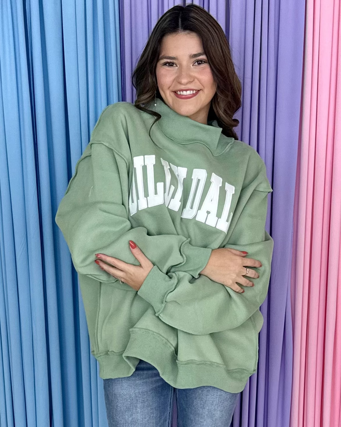 Sage “Dilly Dally” Mock Neck Sweatshirt-Shop-Womens-Boutique-Clothing
