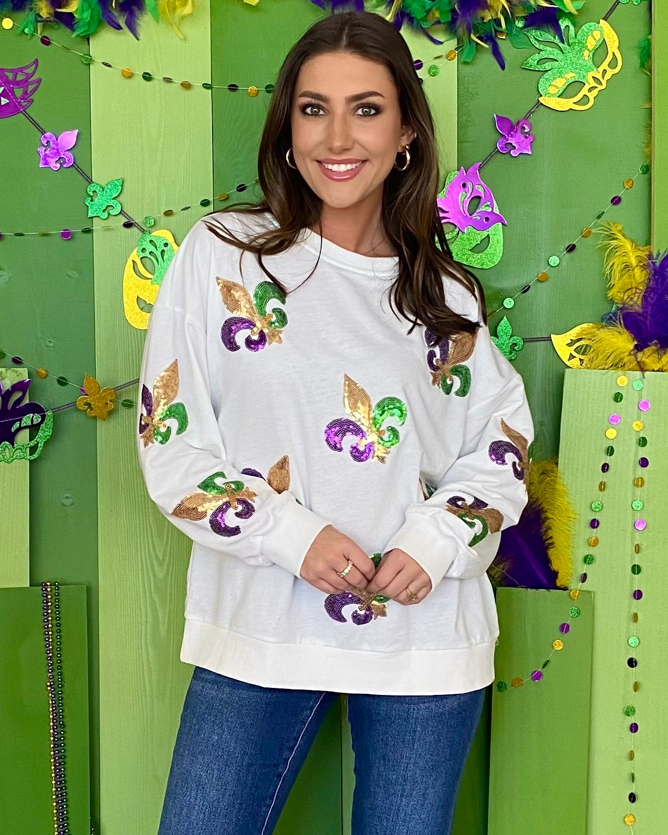 Run By White Fleur De Lis Sequin Pullover-Shop-Womens-Boutique-Clothing