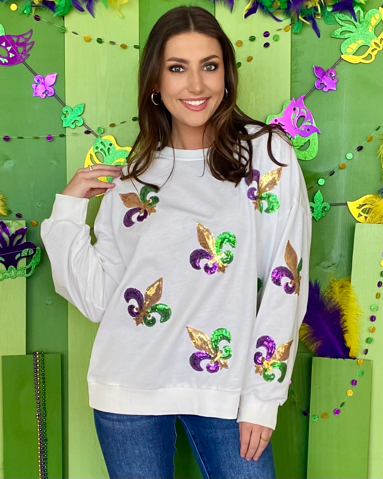 Run By White Fleur De Lis Sequin Pullover-Shop-Womens-Boutique-Clothing