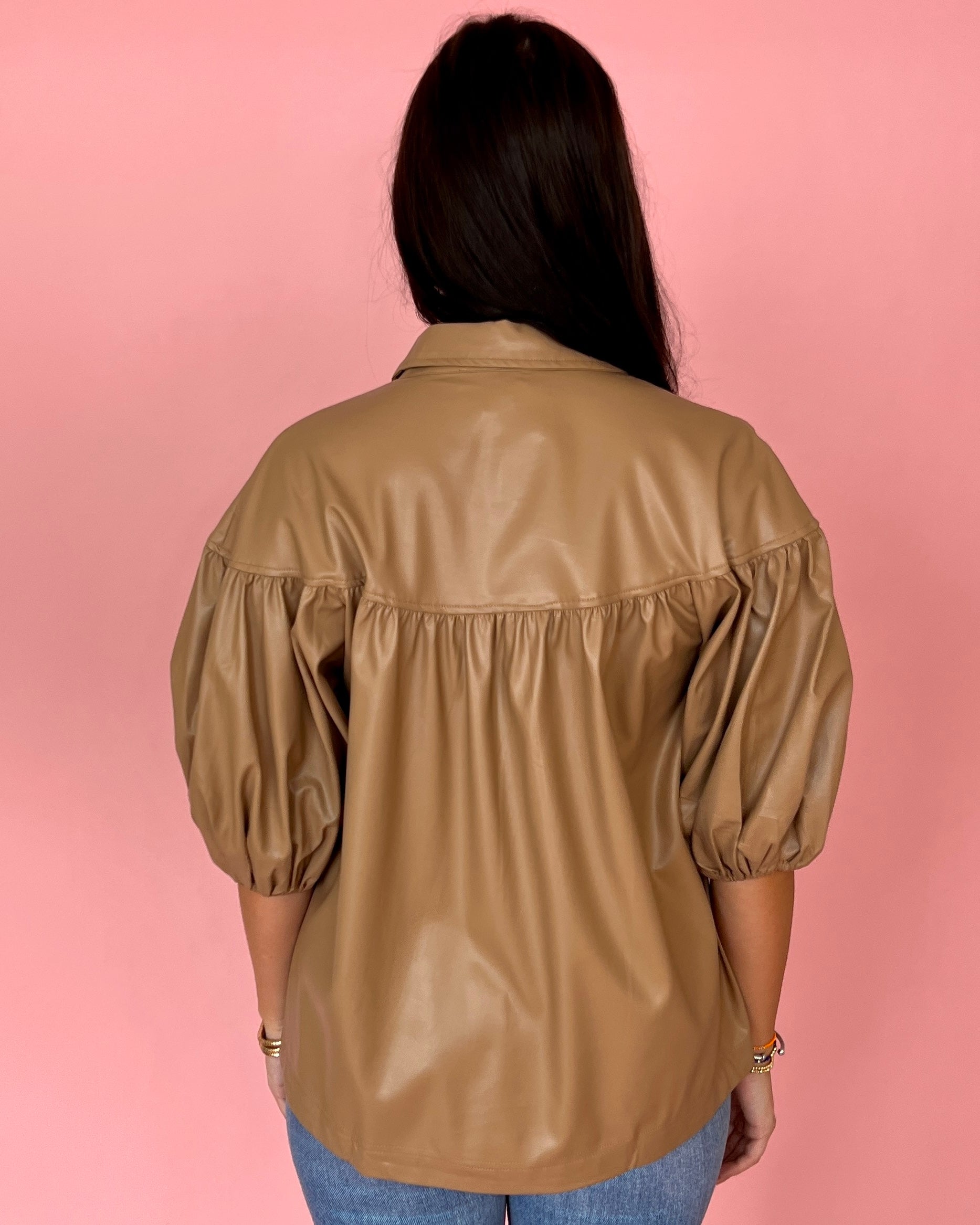 Be The First Camel Faux Leather Button Down Yoke Top-Shop-Womens-Boutique-Clothing