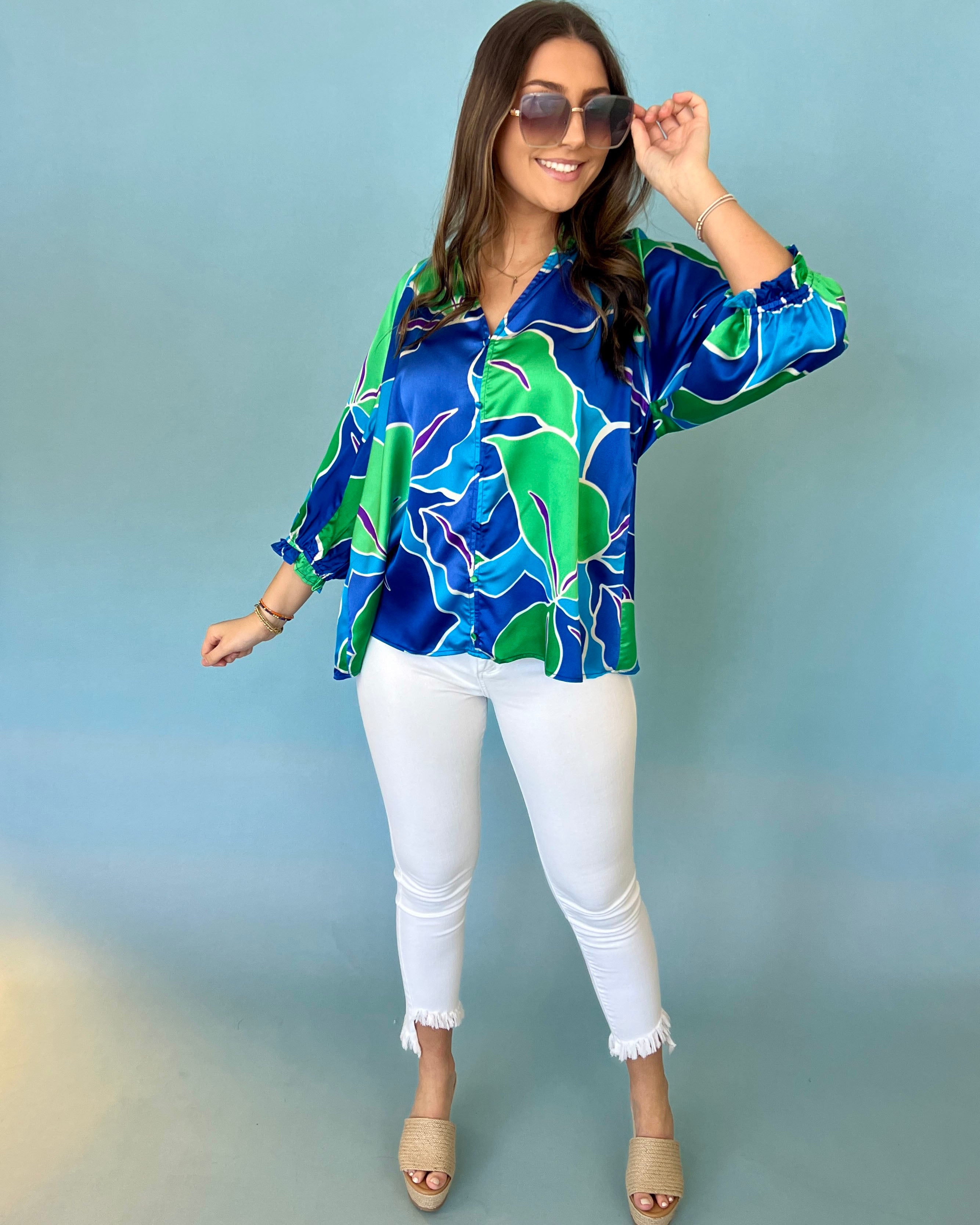 Your Turn Blue Mix Floral Satin Top-Shop-Womens-Boutique-Clothing