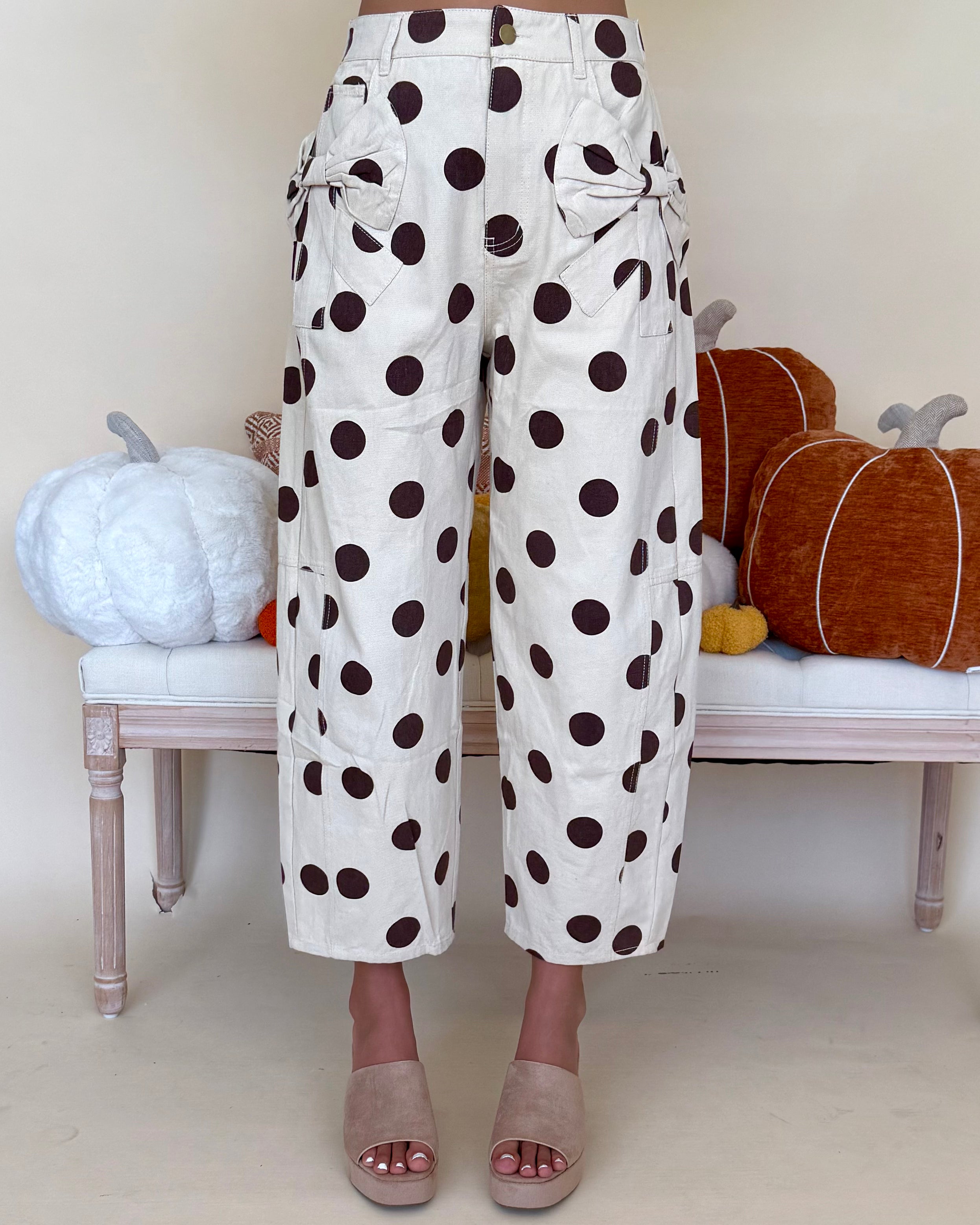 On The Mark Taupe Polkadot Bow Barrel Jeans-Shop-Womens-Boutique-Clothing