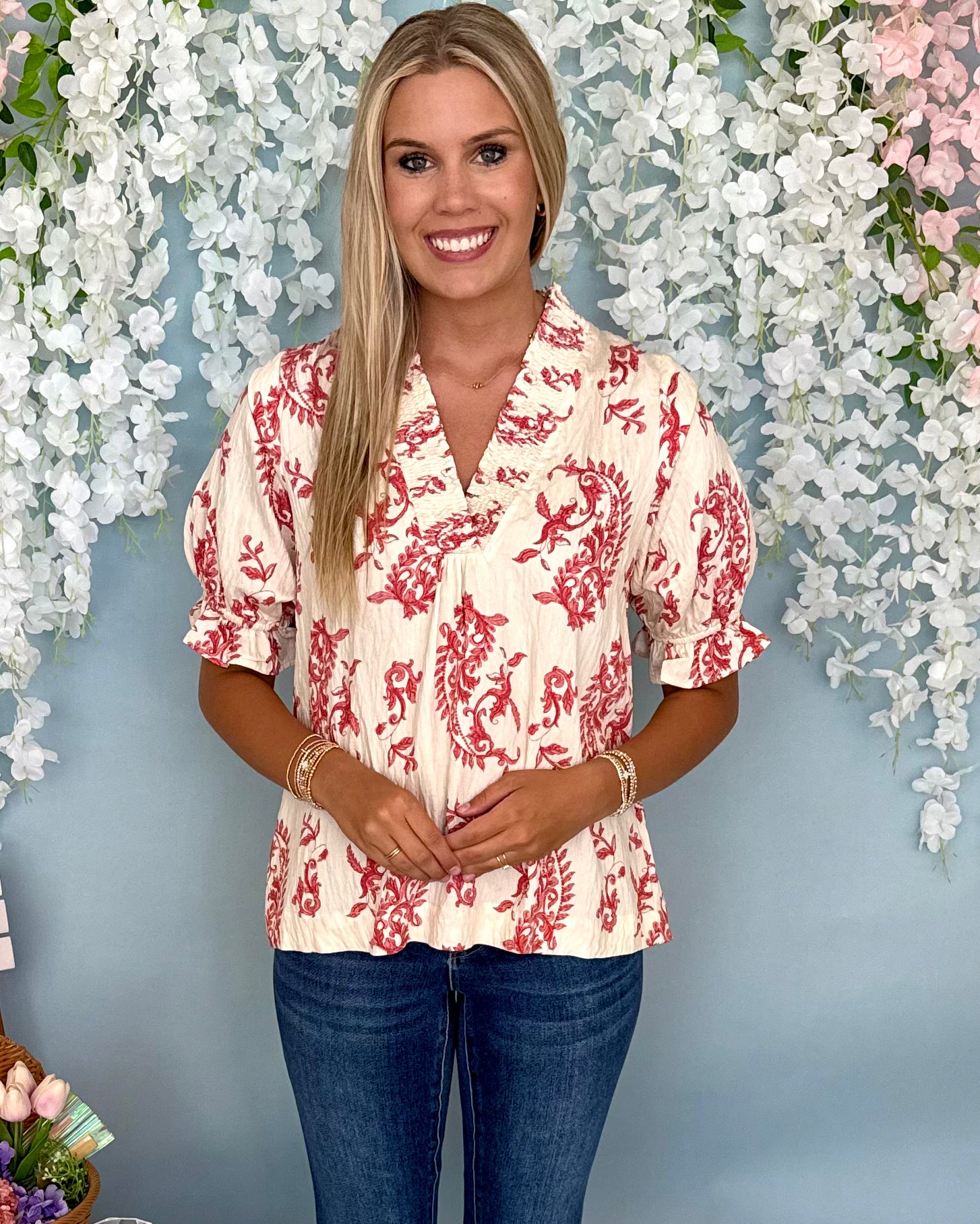 Countryside Stroll Red Mix Paisley V-Neck Top-Shop-Womens-Boutique-Clothing