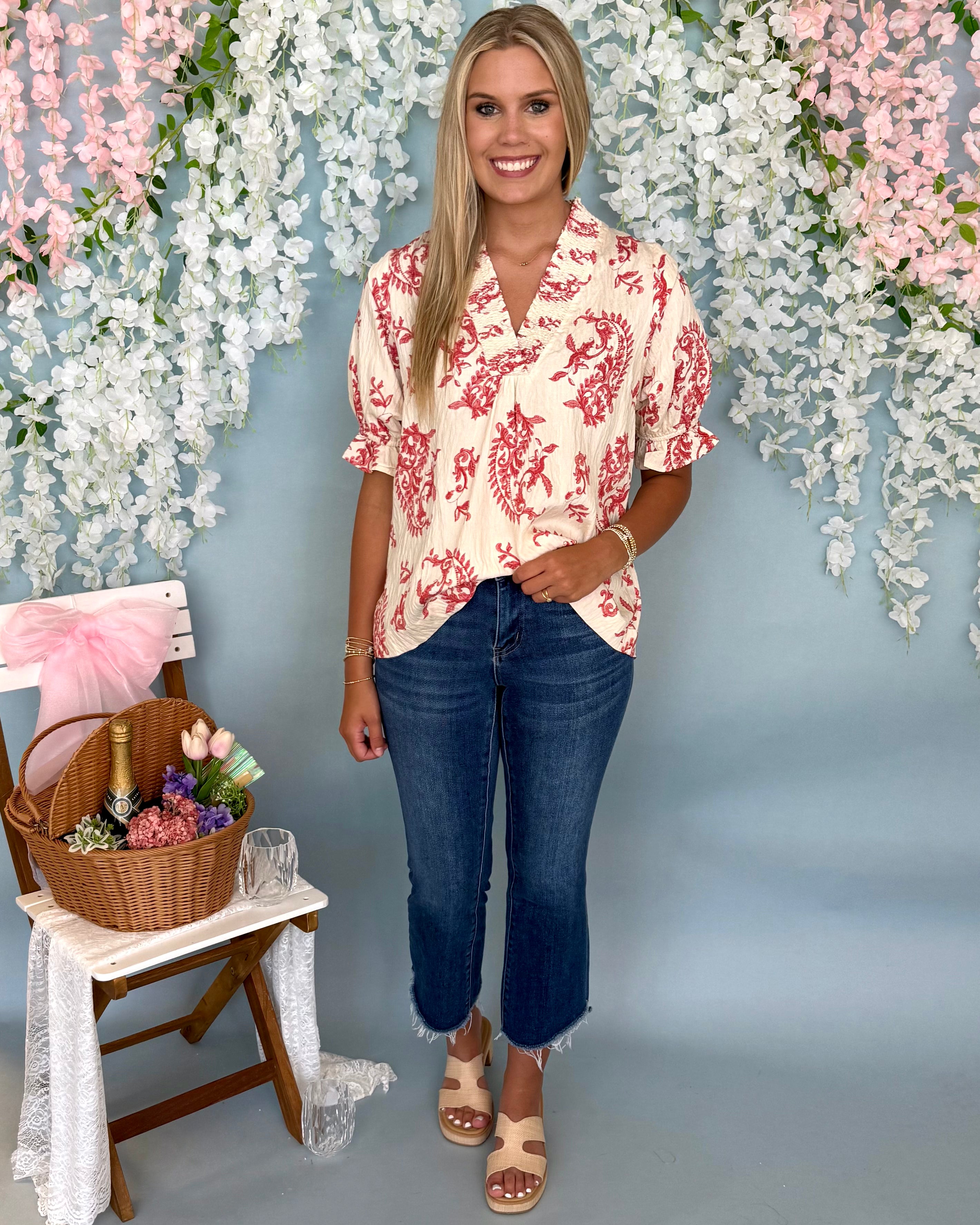 Countryside Stroll Red Mix Paisley V-Neck Top-Shop-Womens-Boutique-Clothing
