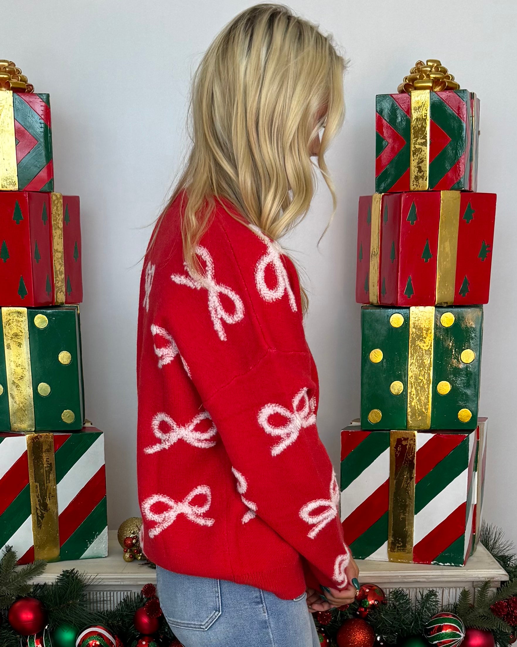 Very So Merry Red White Ribbon Bow Sweater-Shop-Womens-Boutique-Clothing
