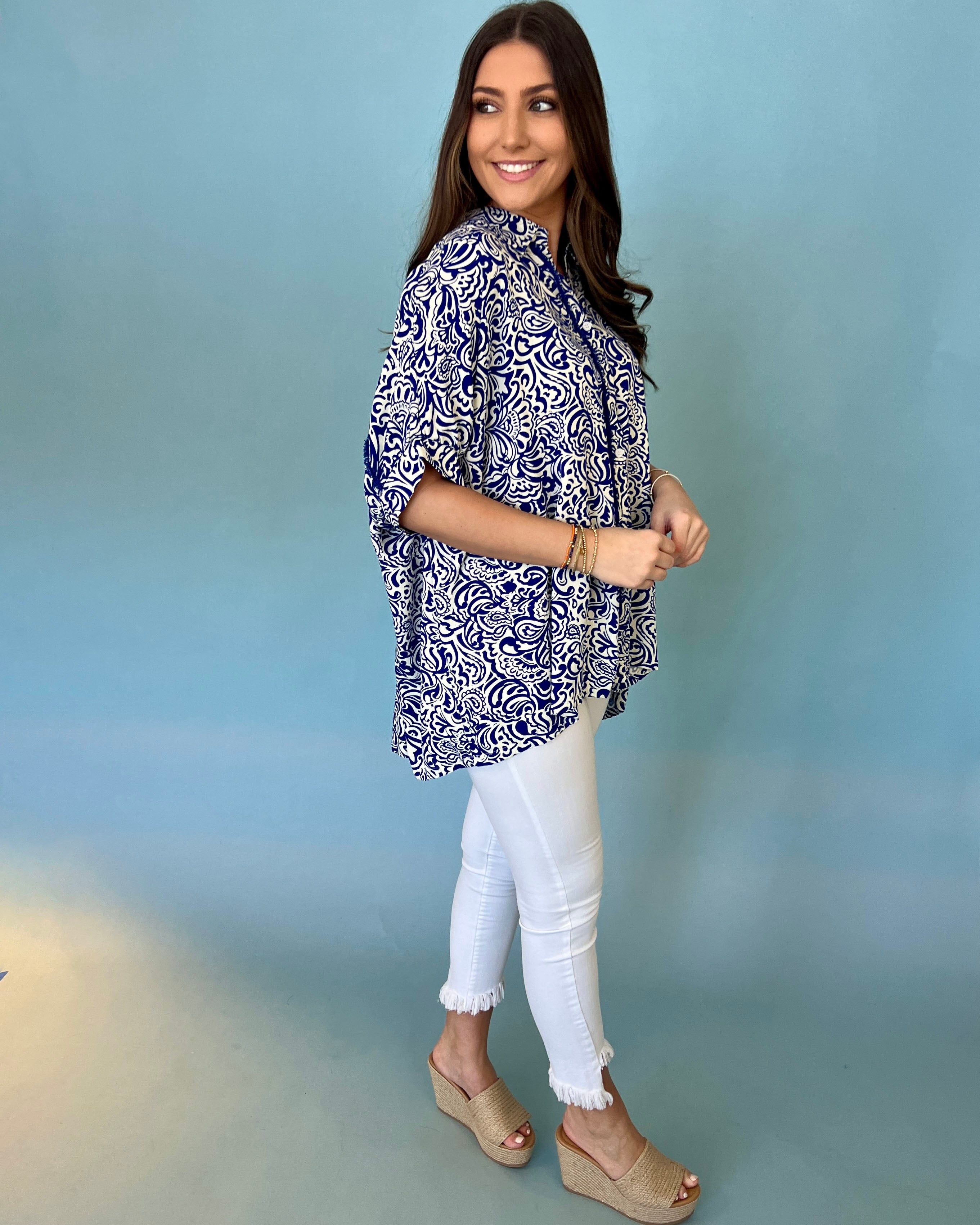 You'll Be Back Blue Paisley Print Top-Shop-Womens-Boutique-Clothing