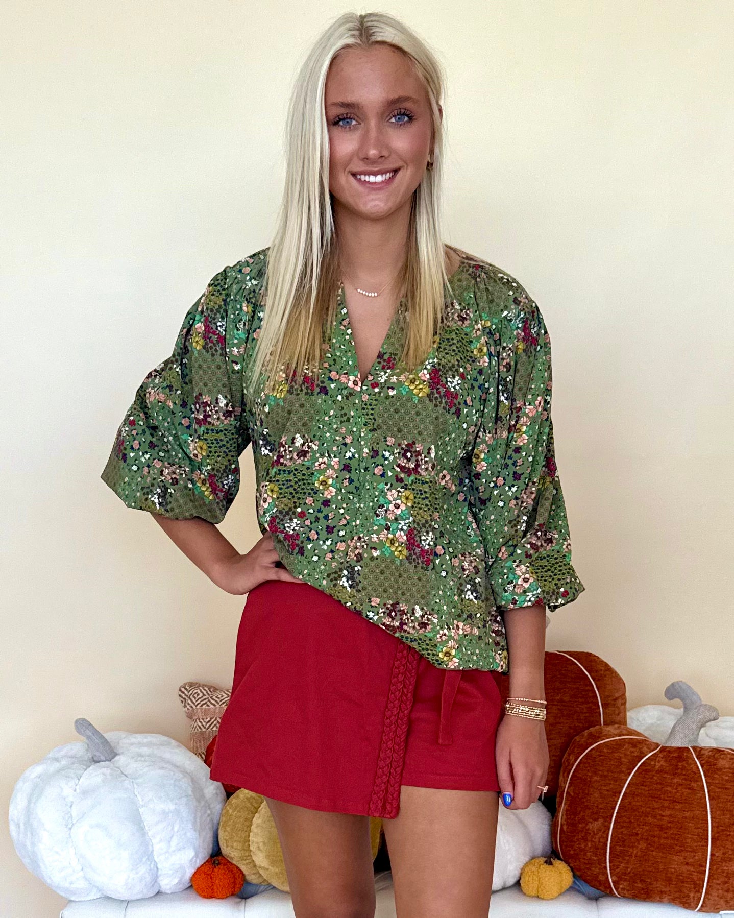 Beautiful Things Olive Floral V-Neck Top-Shop-Womens-Boutique-Clothing