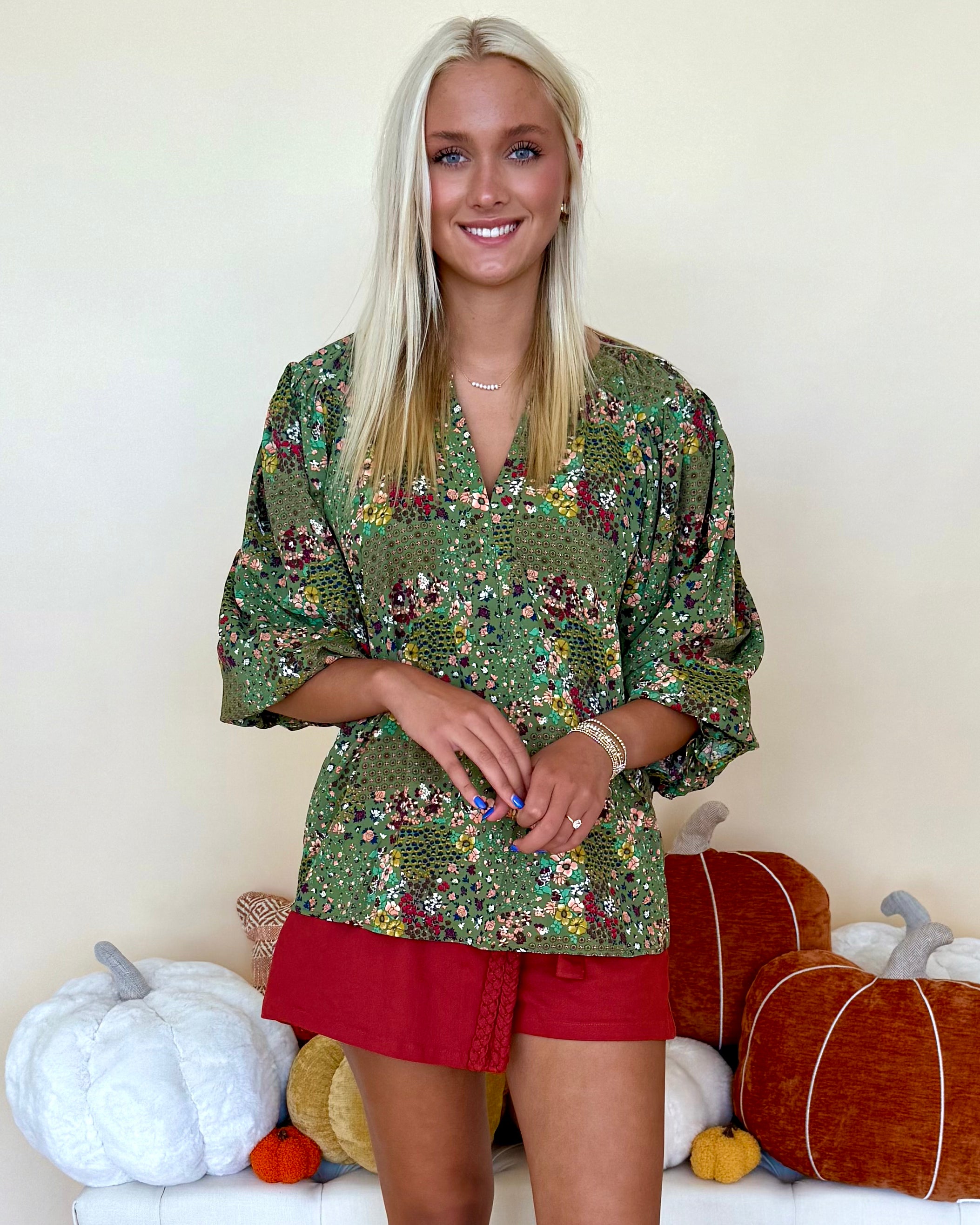 Beautiful Things Olive Floral V-Neck Top-Shop-Womens-Boutique-Clothing