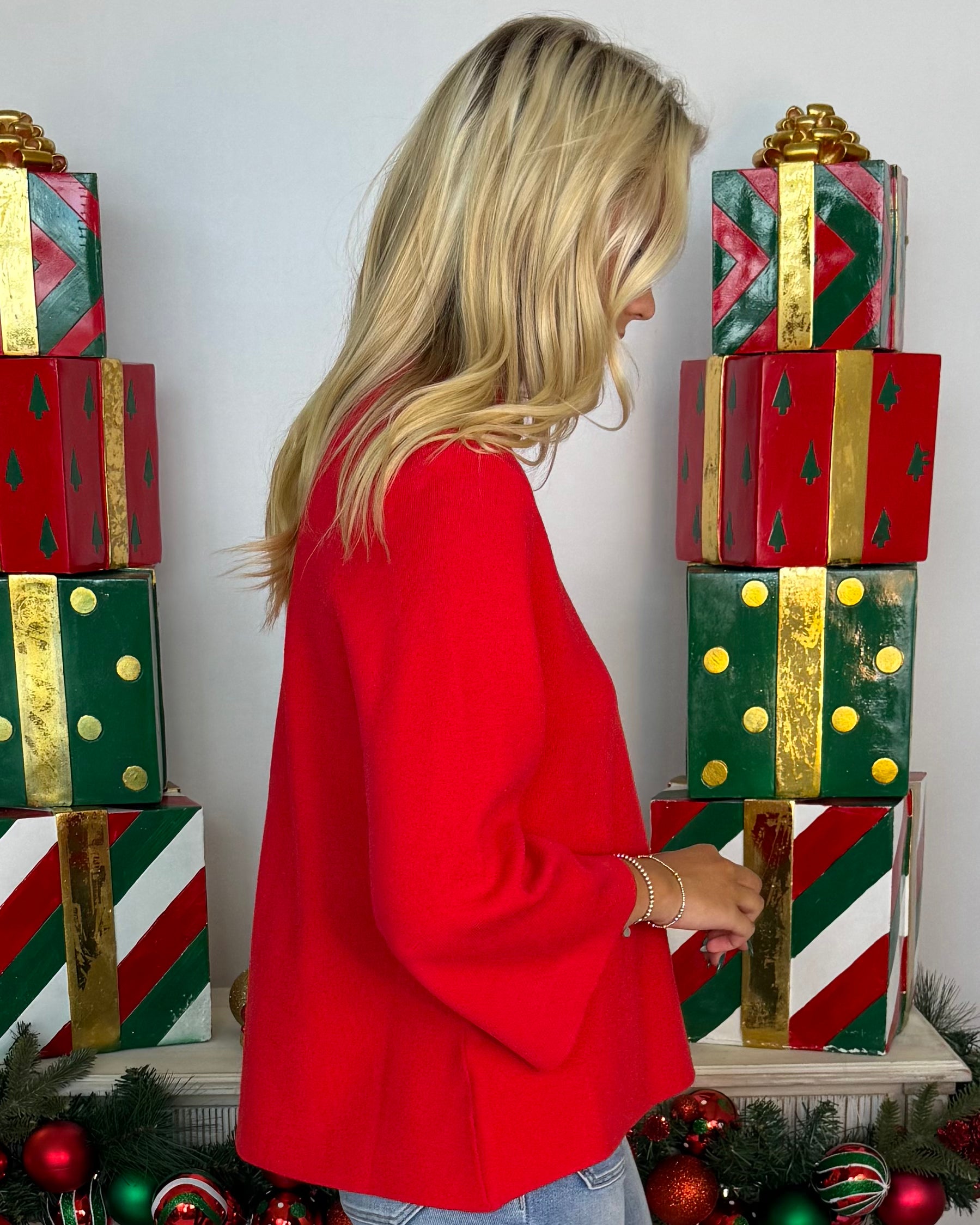 On The Right Path Red 3/4 Sleeve Sweater-Shop-Womens-Boutique-Clothing