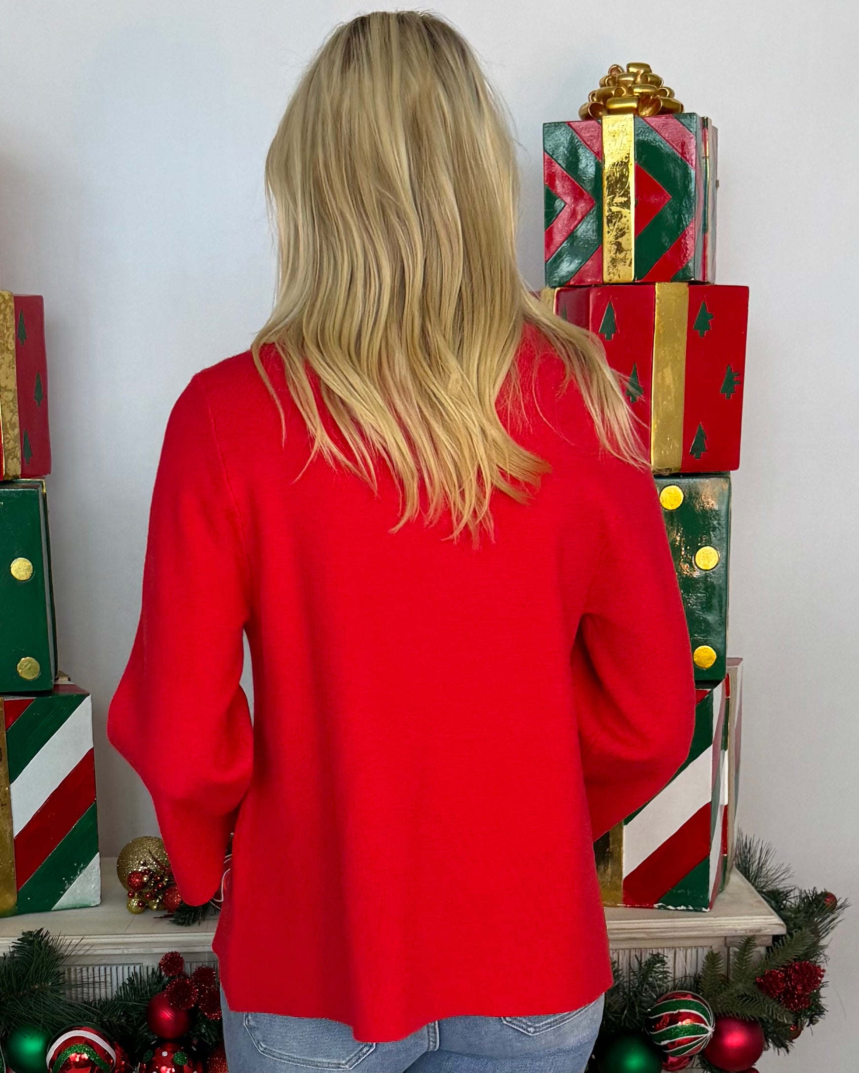 On The Right Path Red 3/4 Sleeve Sweater-Shop-Womens-Boutique-Clothing