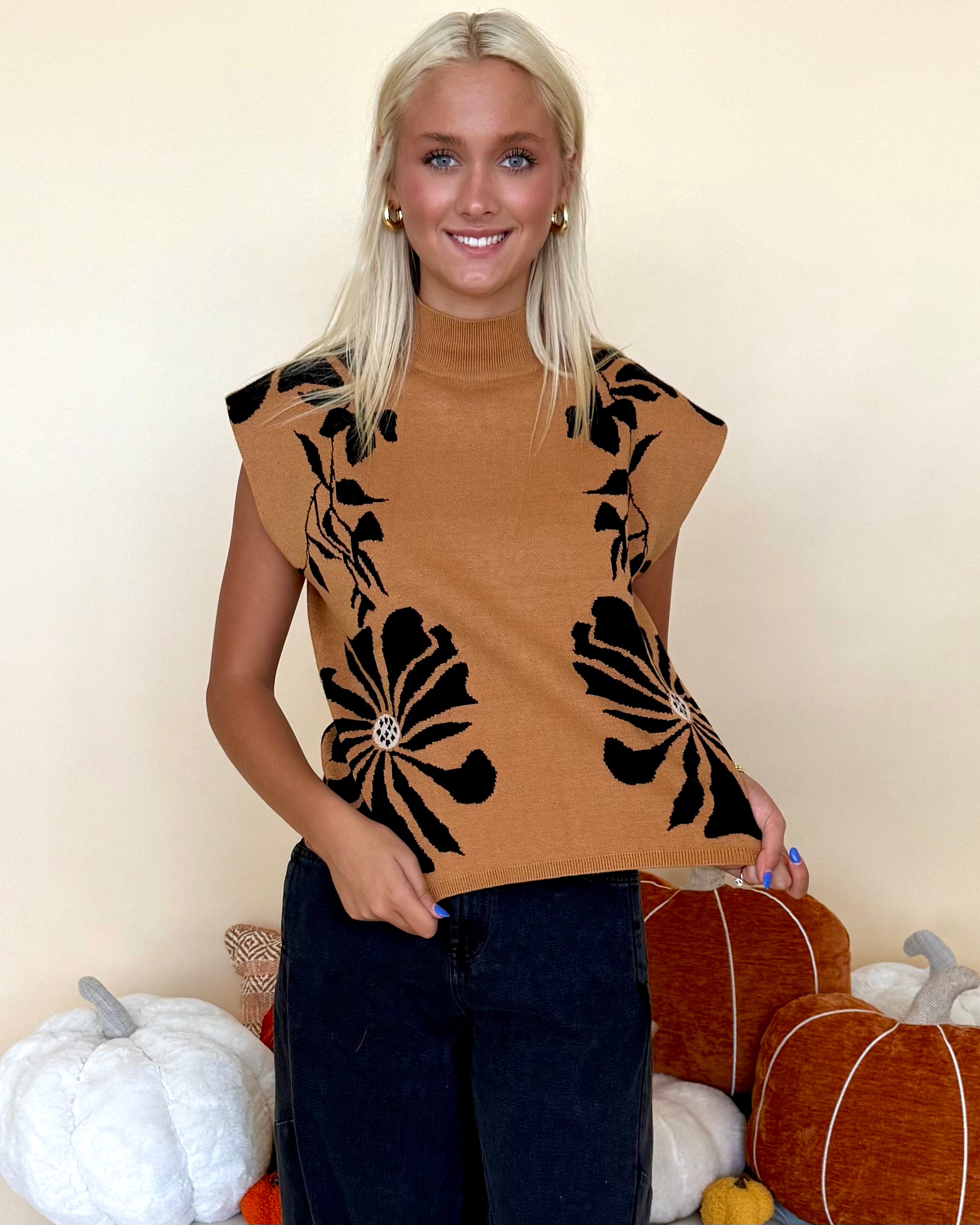 That's So True Camel Floral Sleeveless Sweater-Shop-Womens-Boutique-Clothing