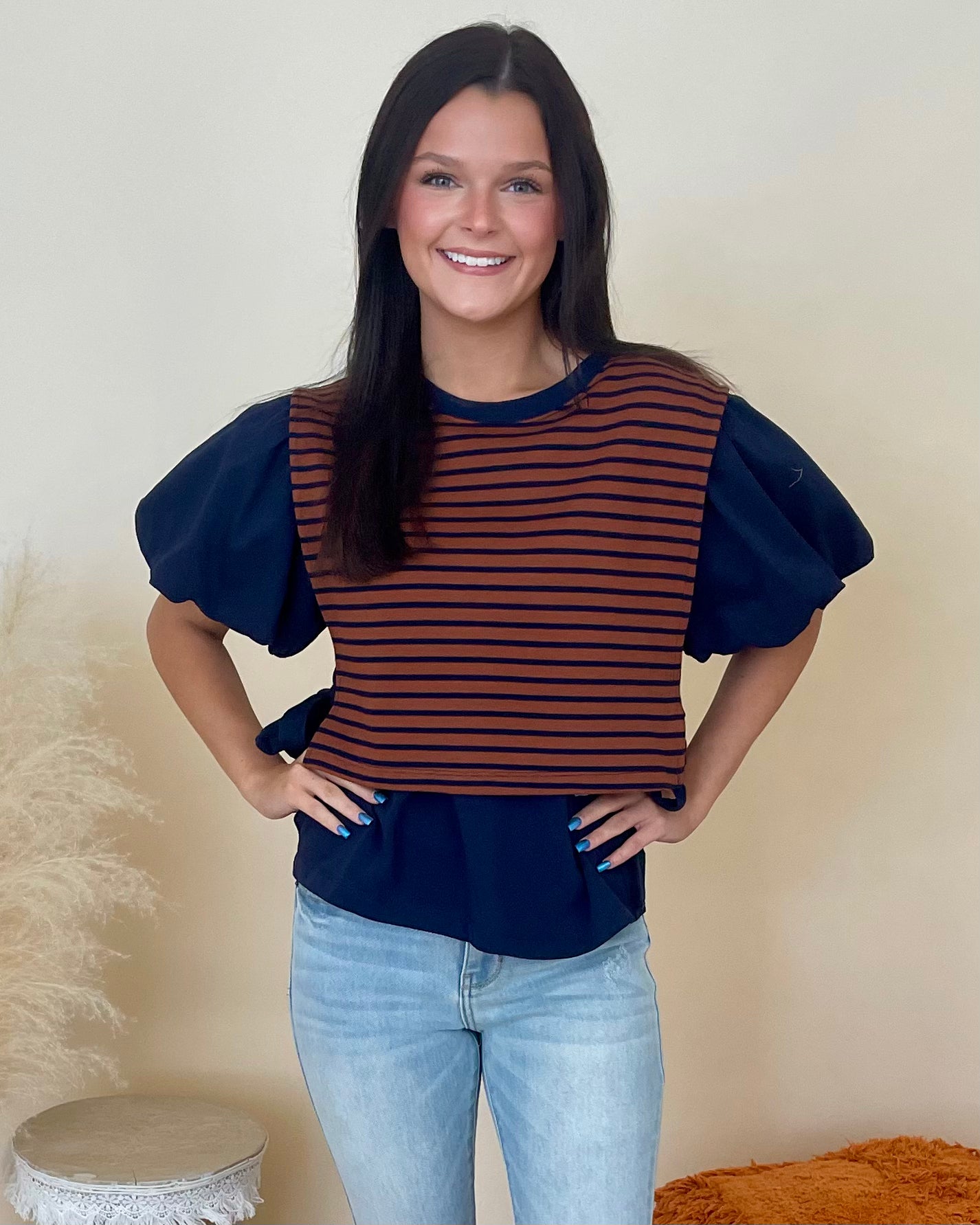 For Now Navy Striped Bow Top-Shop-Womens-Boutique-Clothing