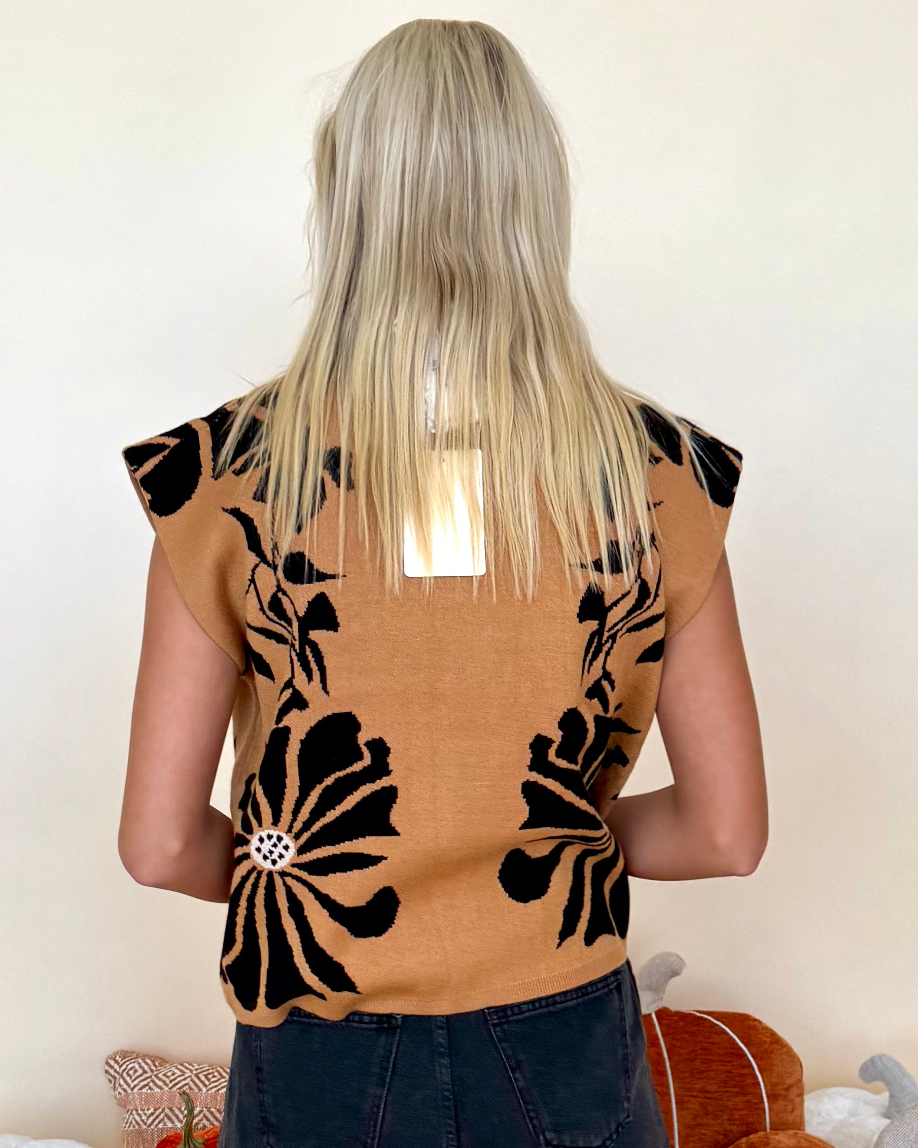 That's So True Camel Floral Sleeveless Sweater-Shop-Womens-Boutique-Clothing