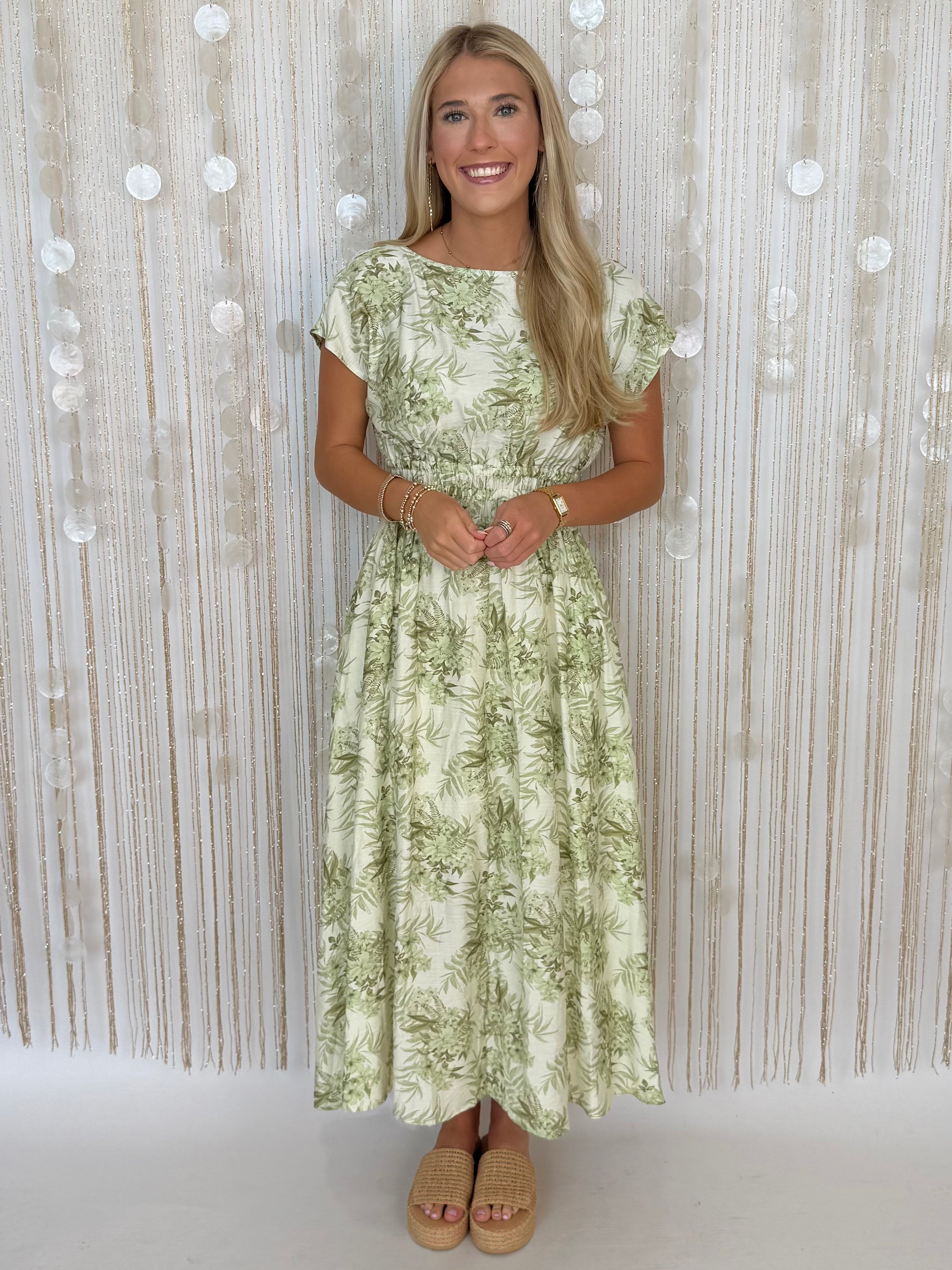 Gracefully Yours Ecru Olive Botanical Smocked Midi Dress-Shop-Womens-Boutique-Clothing