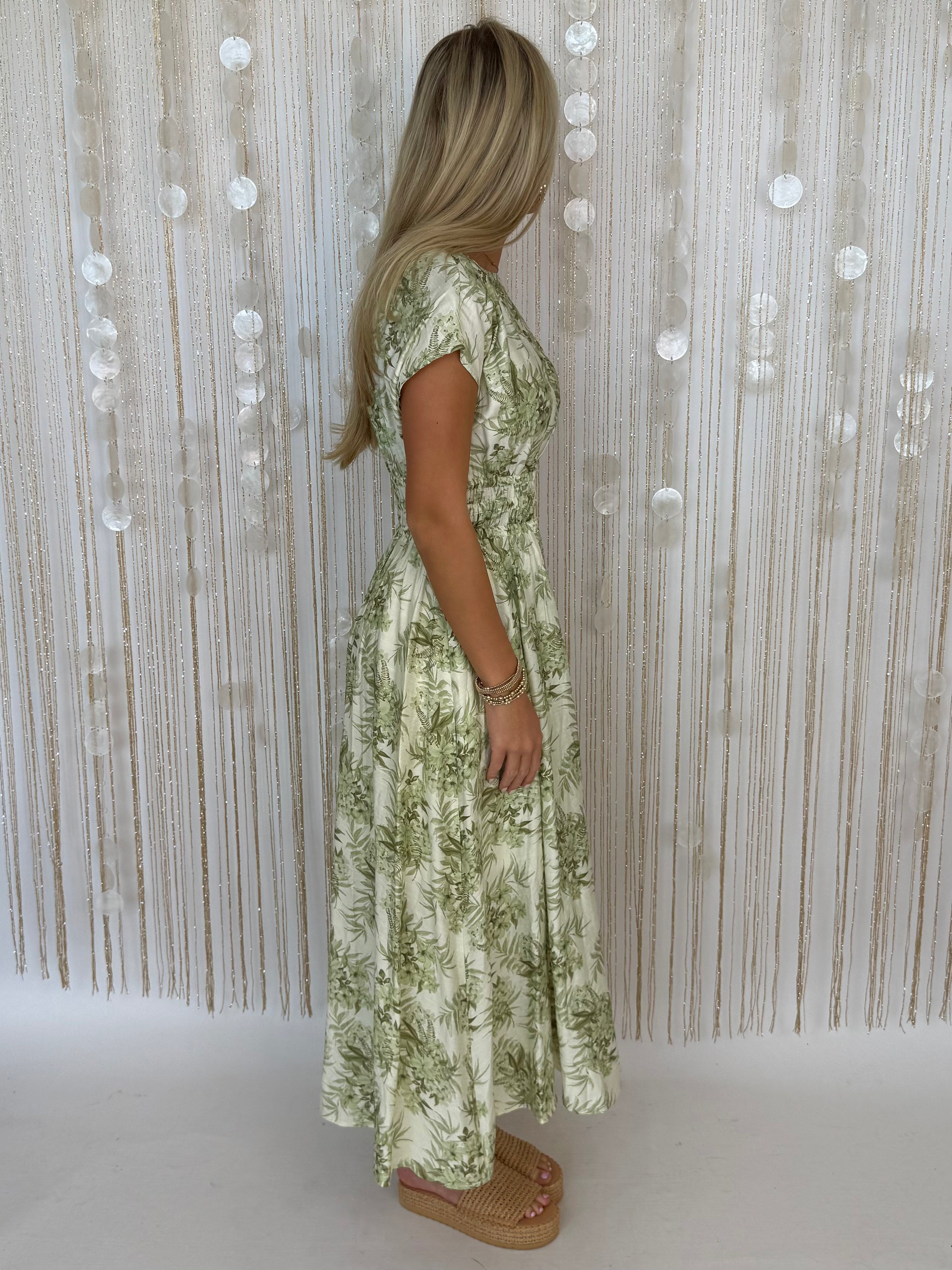 Gracefully Yours Ecru Olive Botanical Smocked Midi Dress-Shop-Womens-Boutique-Clothing