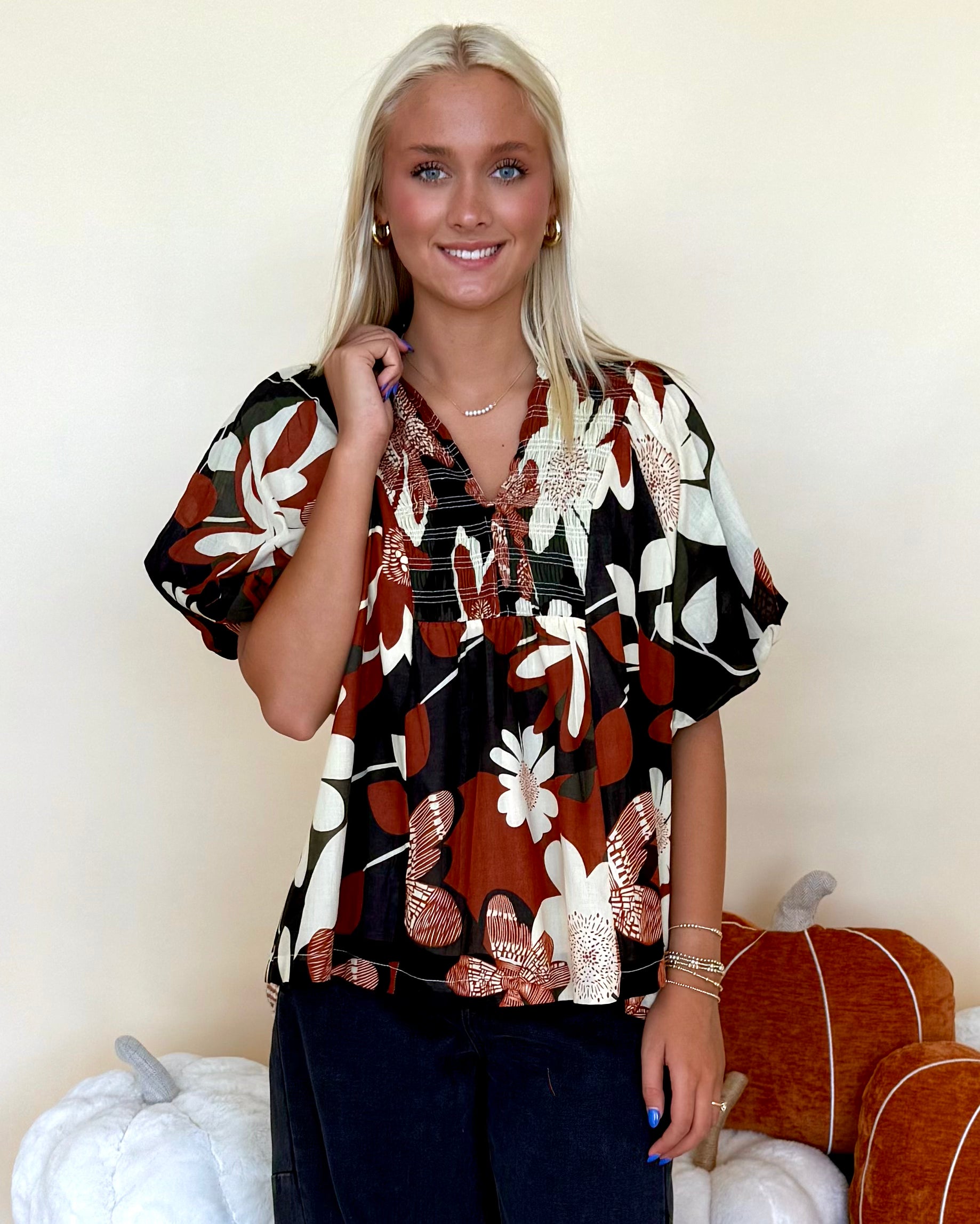 Whimsy Days Rust Floral Smocked Top-Shop-Womens-Boutique-Clothing