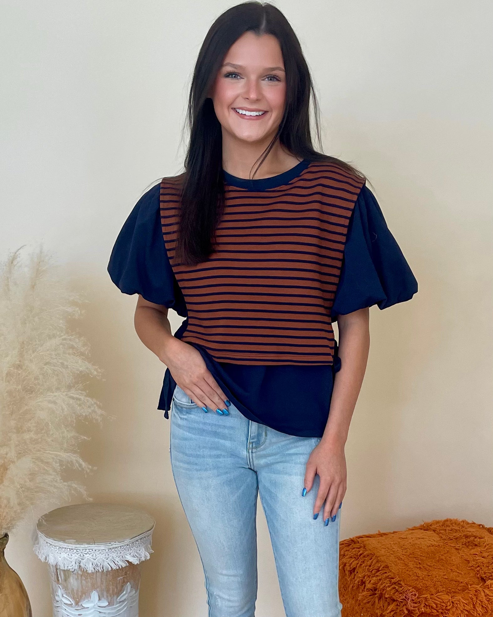 For Now Navy Striped Bow Top-Shop-Womens-Boutique-Clothing