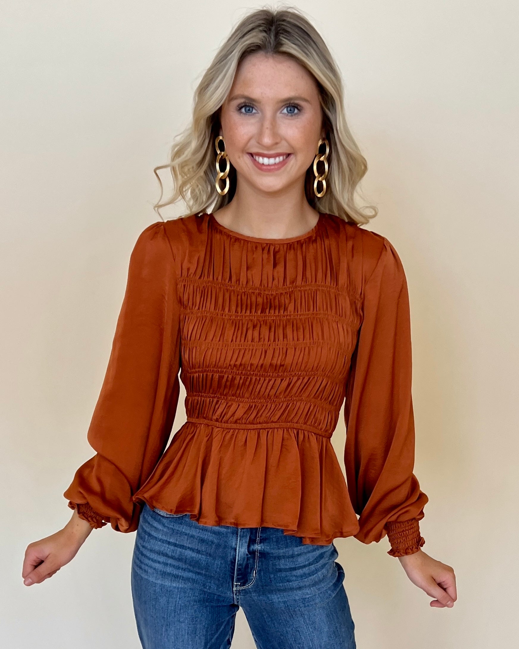 One Last Dance Mocha Satin Smocked Top-Shop-Womens-Boutique-Clothing