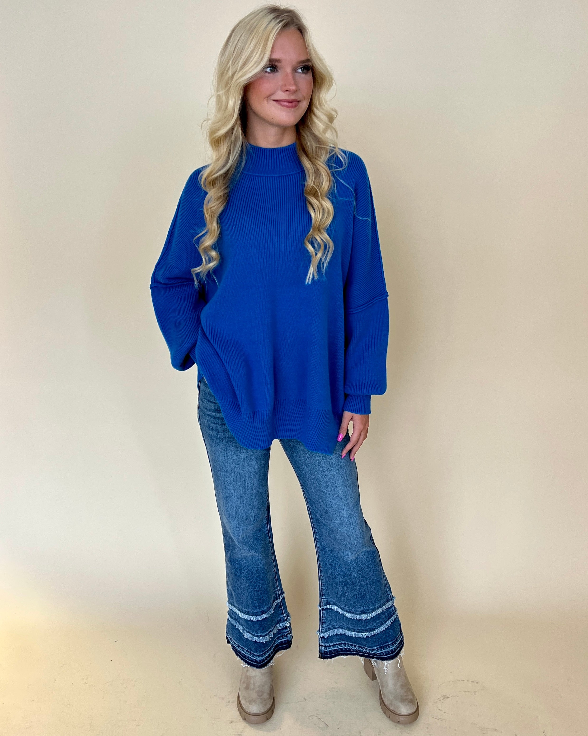 Bundled Up Ocean Blue Oversized Sweater-Shop-Womens-Boutique-Clothing