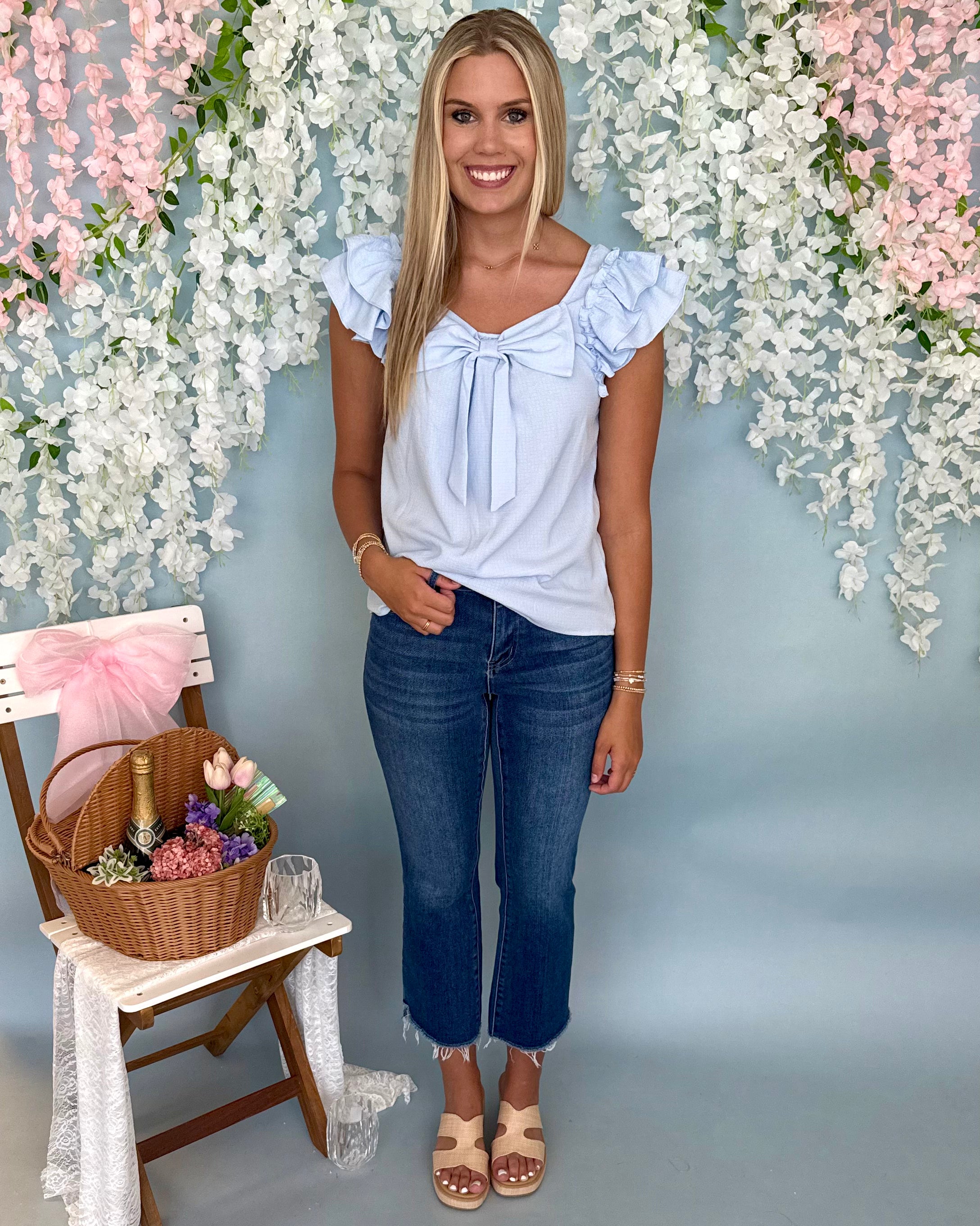 No Looking Beau Blue Bow Ruffle Top-Shop-Womens-Boutique-Clothing