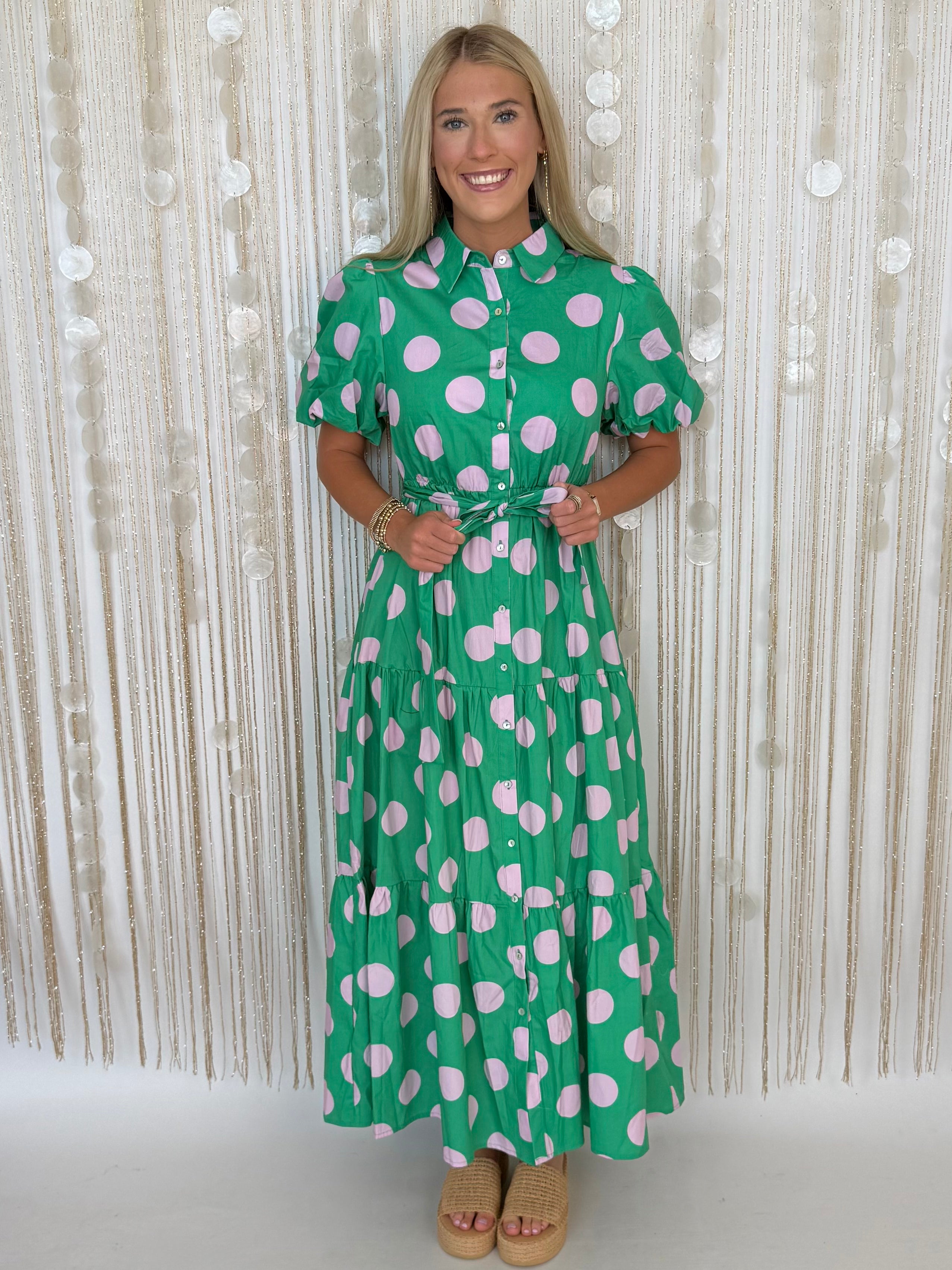 Sleek Statement Green/Pink Poplin Polka Dot Puff Sleeve Maxi Dress-Shop-Womens-Boutique-Clothing