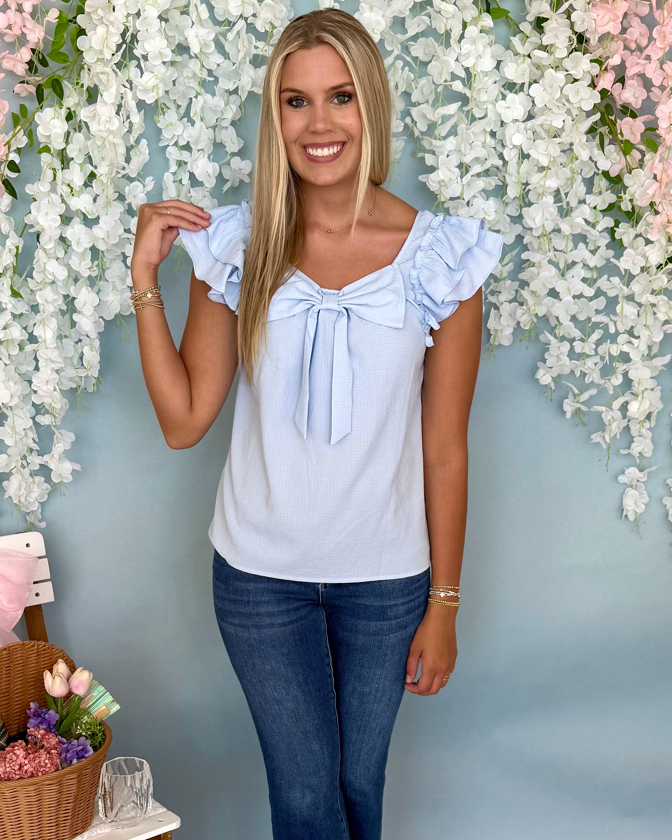 No Looking Beau Blue Bow Ruffle Top-Shop-Womens-Boutique-Clothing