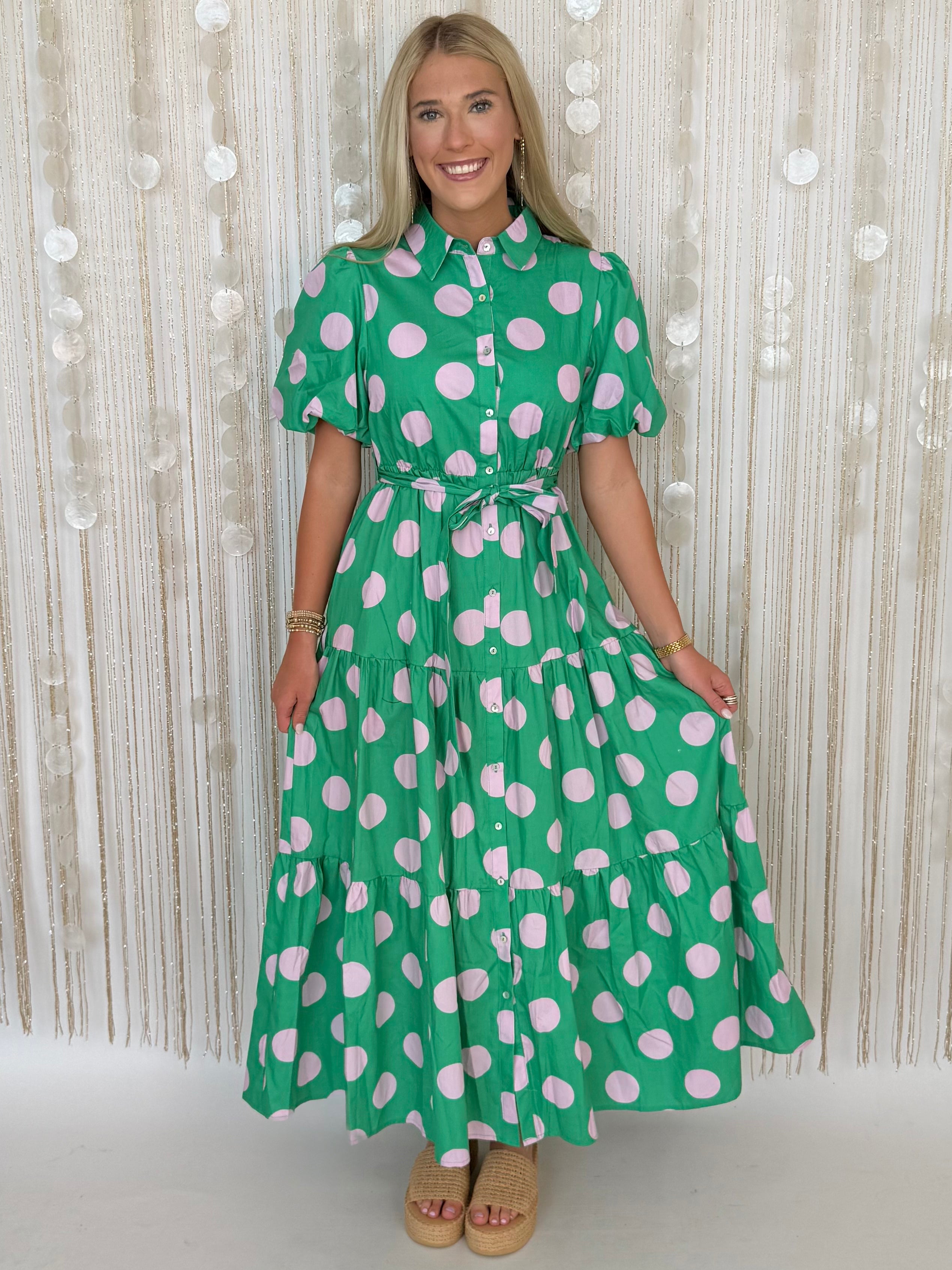 Sleek Statement Green/Pink Poplin Polka Dot Puff Sleeve Maxi Dress-Shop-Womens-Boutique-Clothing