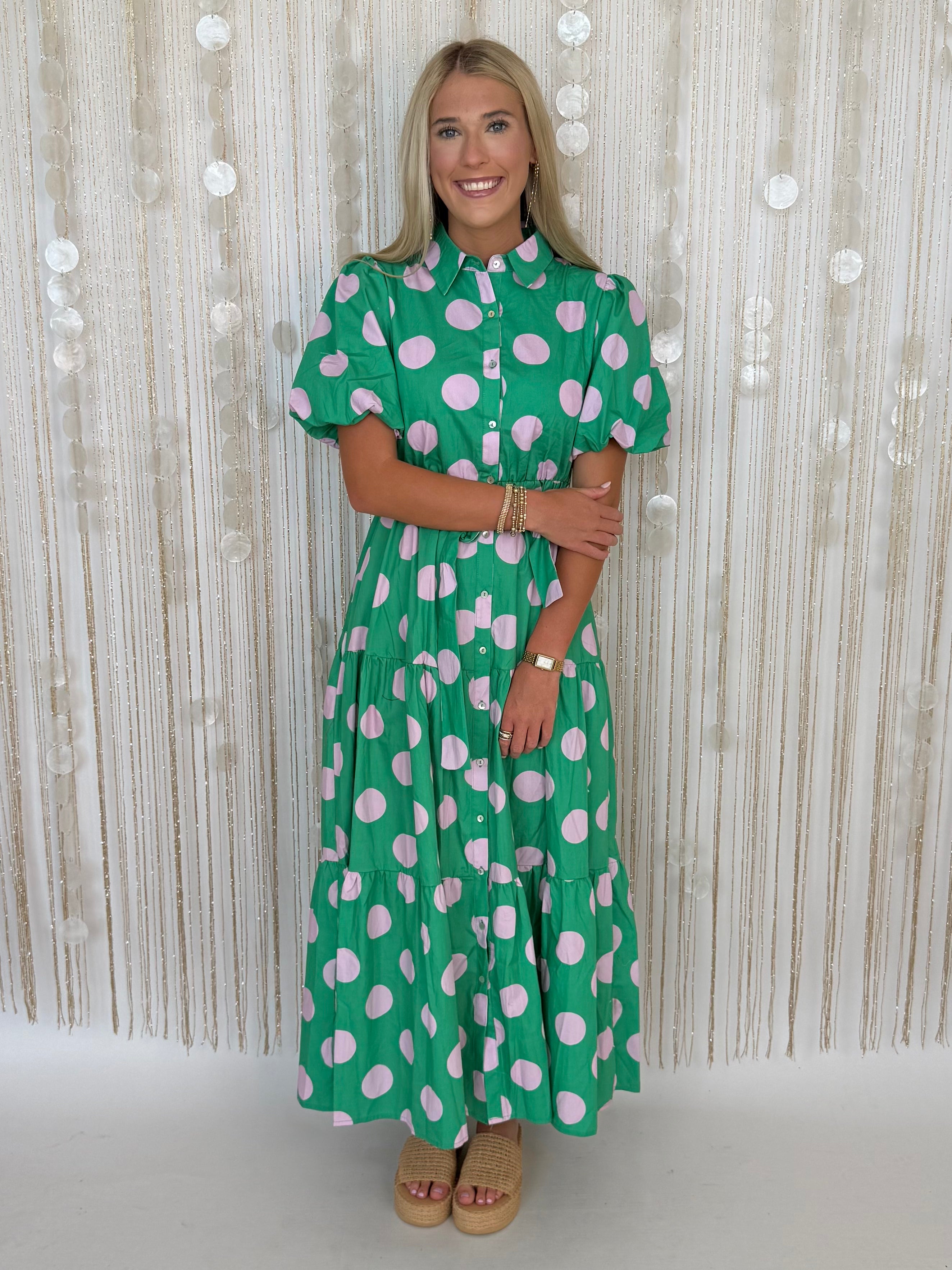 Sleek Statement Green/Pink Poplin Polka Dot Puff Sleeve Maxi Dress-Shop-Womens-Boutique-Clothing