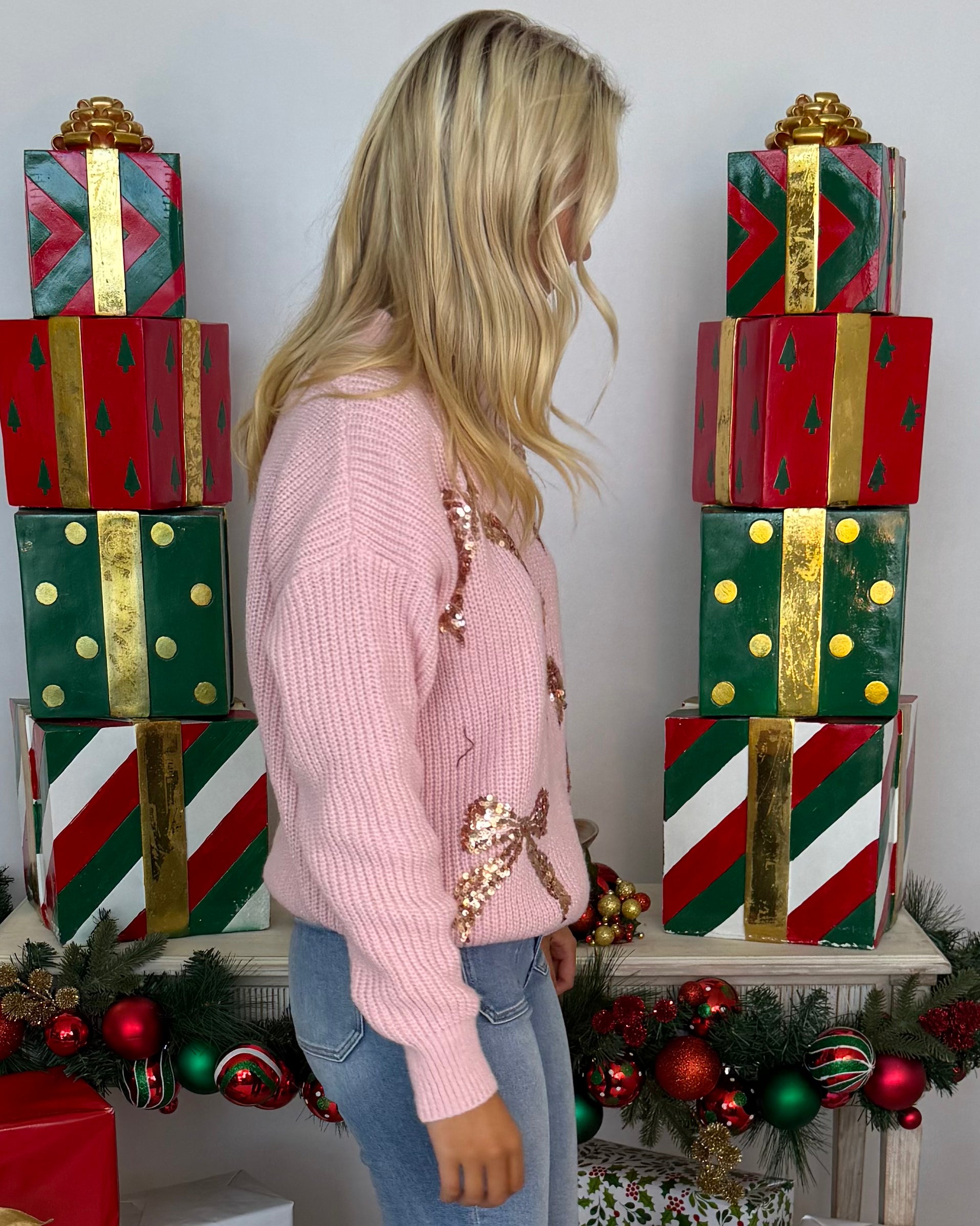 Oh So Charmed Blush/Gold Bow Sweater-Shop-Womens-Boutique-Clothing