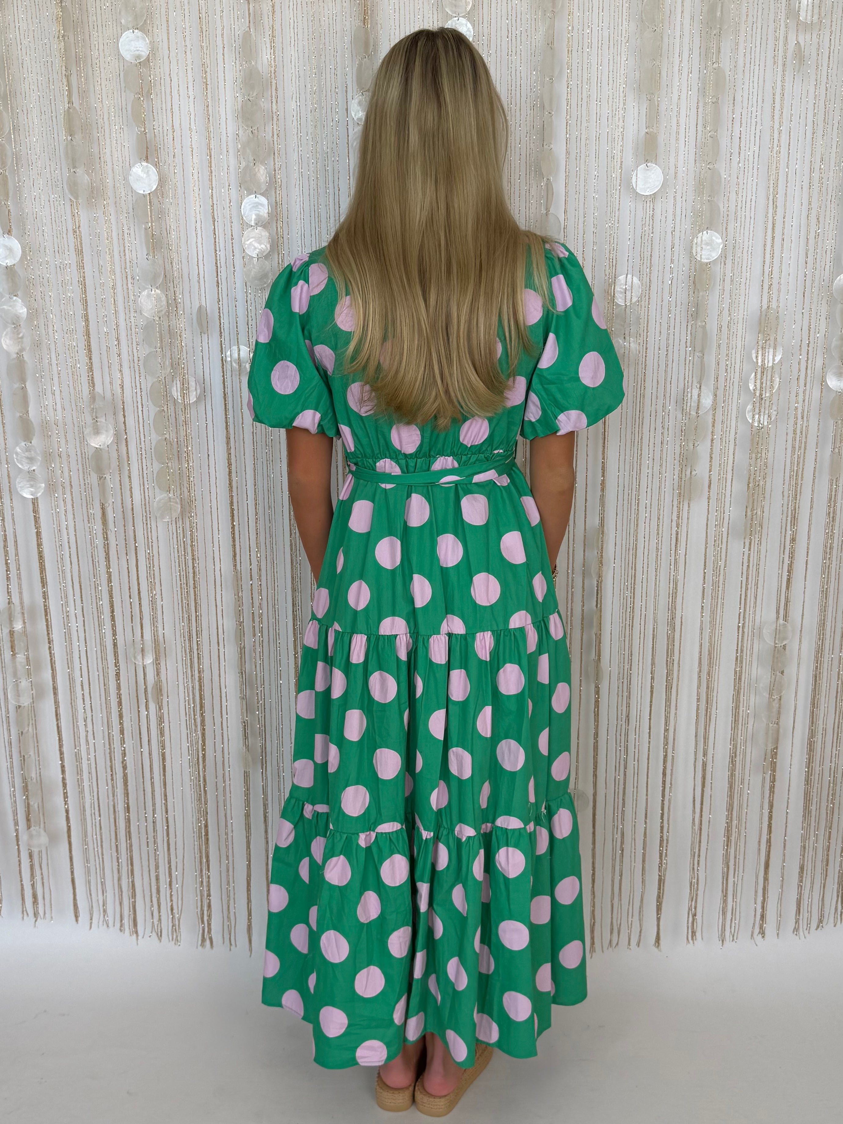 Sleek Statement Green/Pink Poplin Polka Dot Puff Sleeve Maxi Dress-Shop-Womens-Boutique-Clothing