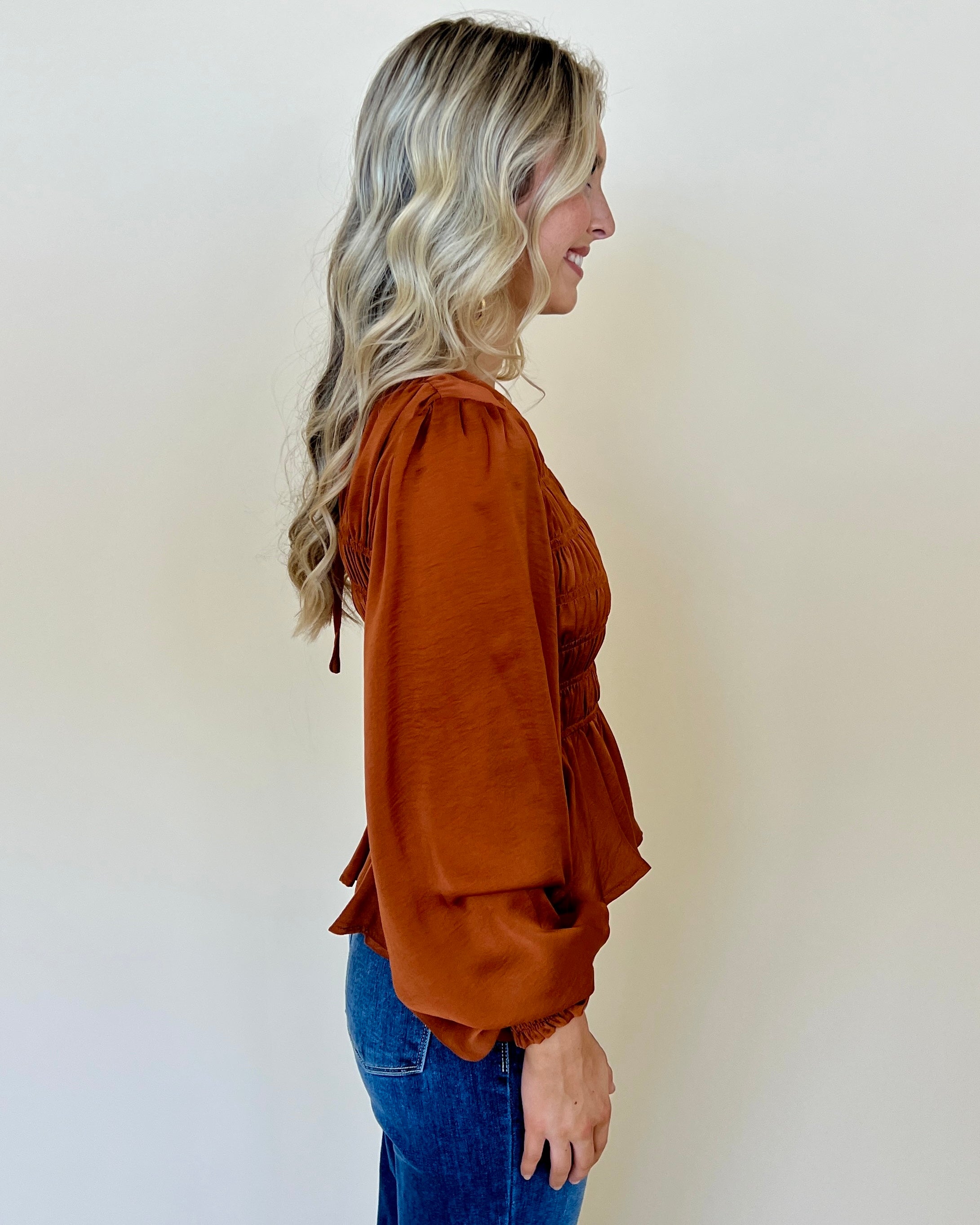 One Last Dance Mocha Satin Smocked Top-Shop-Womens-Boutique-Clothing