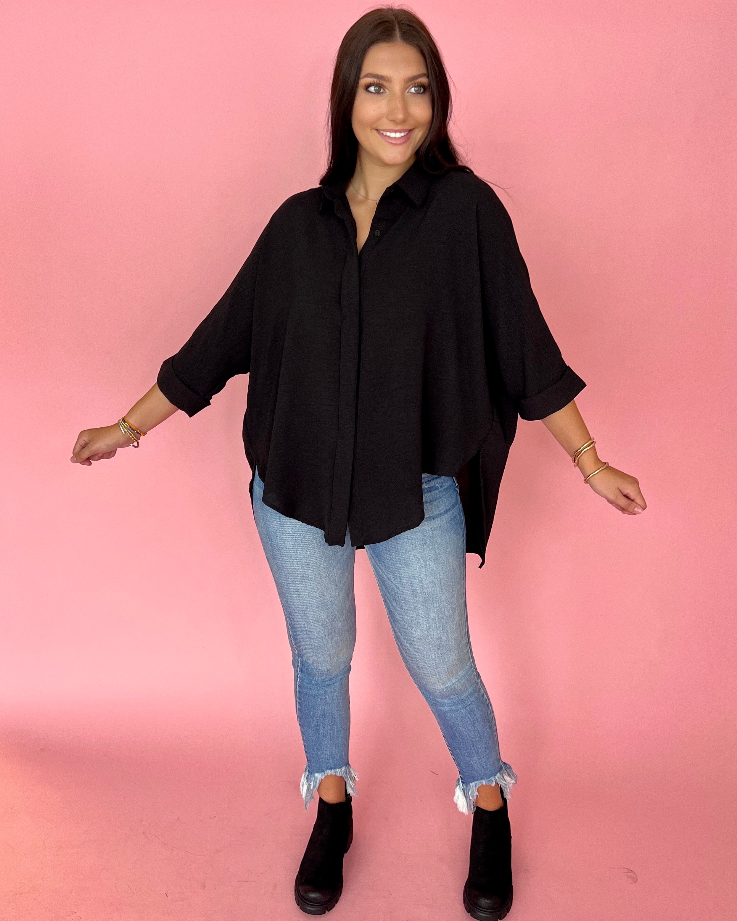 Never Letting Go Black Oversized Dolman Sleeve Collared Top-Shop-Womens-Boutique-Clothing