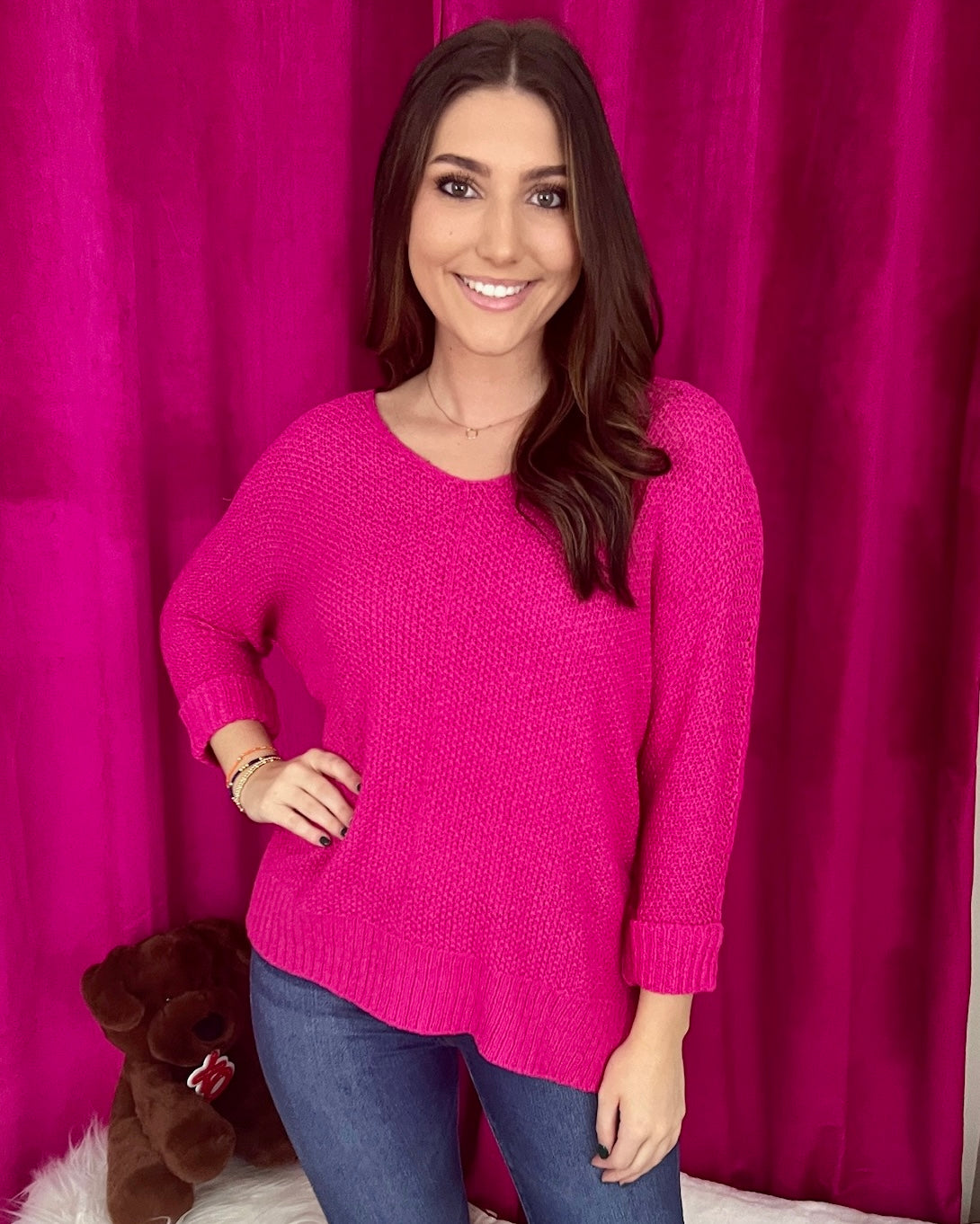 Gentle Heart Hot Pink Crew Neck Knit Sweater-Shop-Womens-Boutique-Clothing