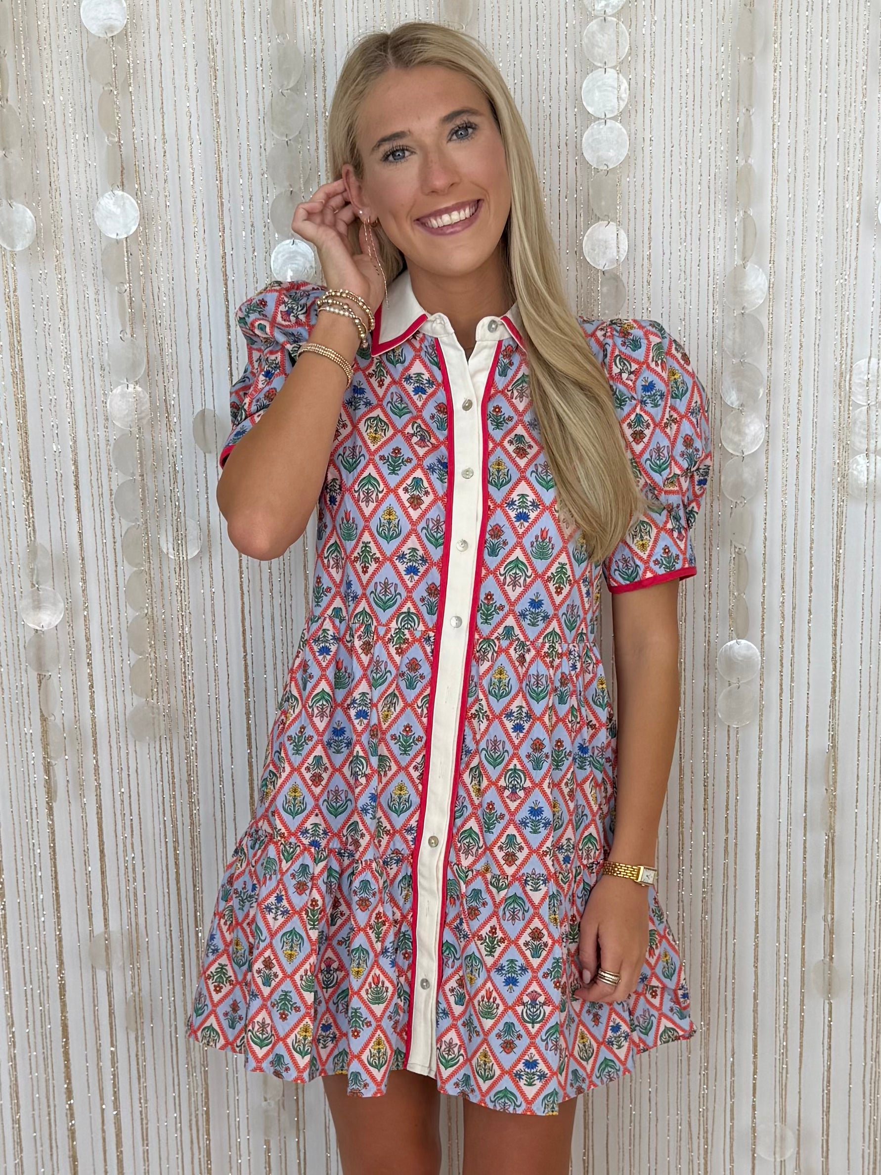 Always Flattering Blue Combo Botanical Print Puff Sleeve Dress-Shop-Womens-Boutique-Clothing