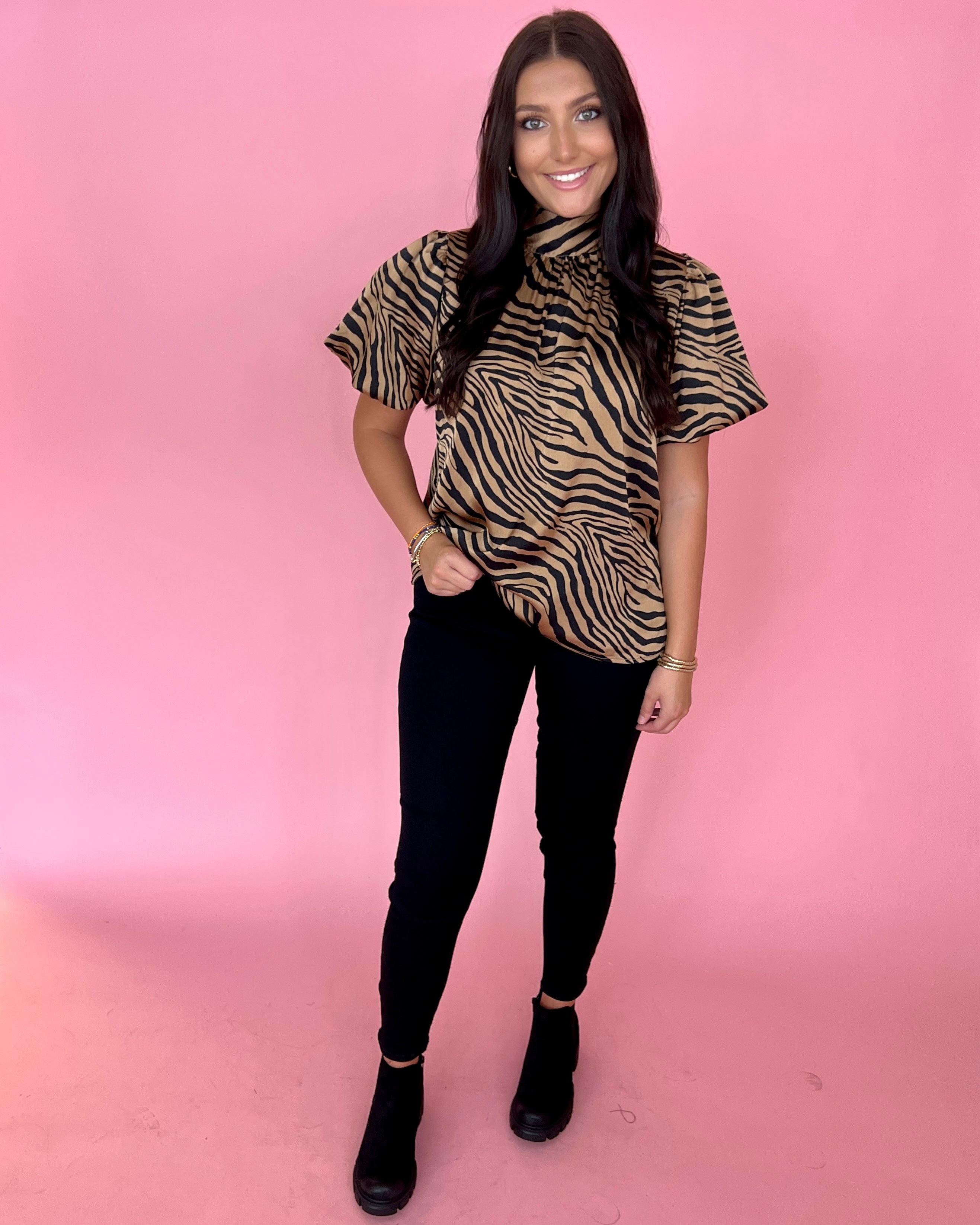 Get Going Chocolate Zebra High Neck Satin Top-Shop-Womens-Boutique-Clothing