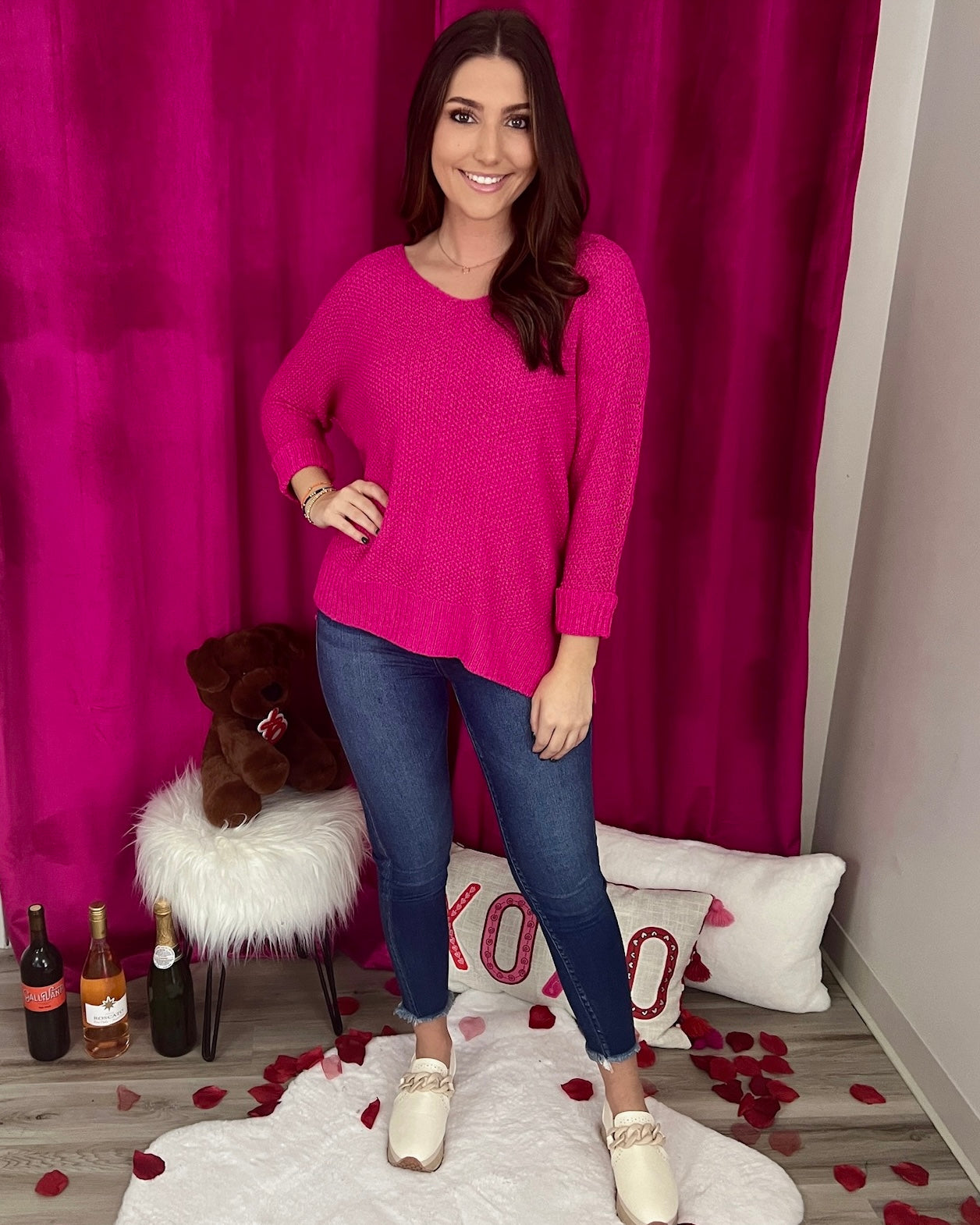 Gentle Heart Hot Pink Crew Neck Knit Sweater-Shop-Womens-Boutique-Clothing