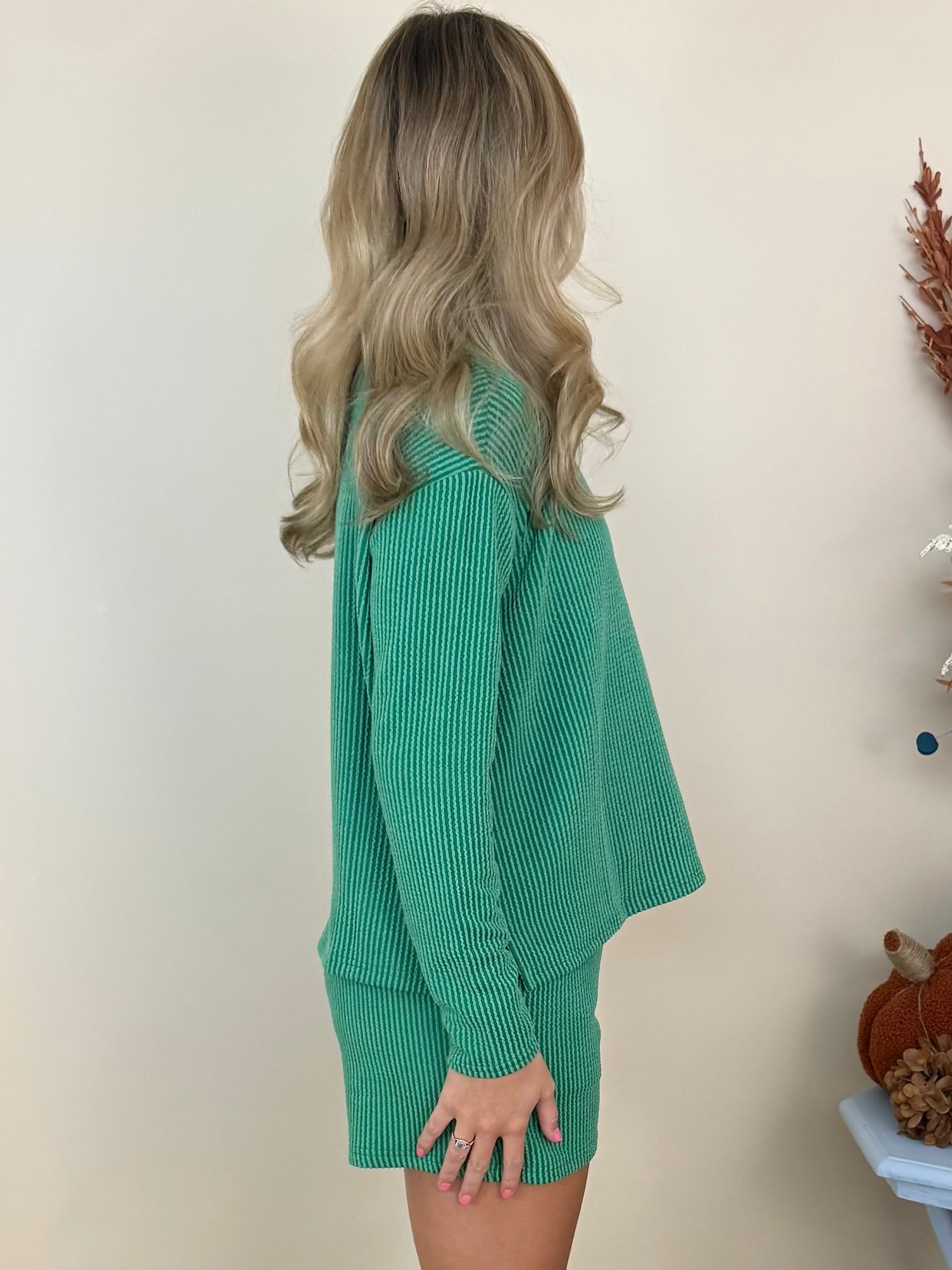 Everyday Luxe Forest Raised Rib Long Sleeve and Shorts Set-Shop-Womens-Boutique-Clothing