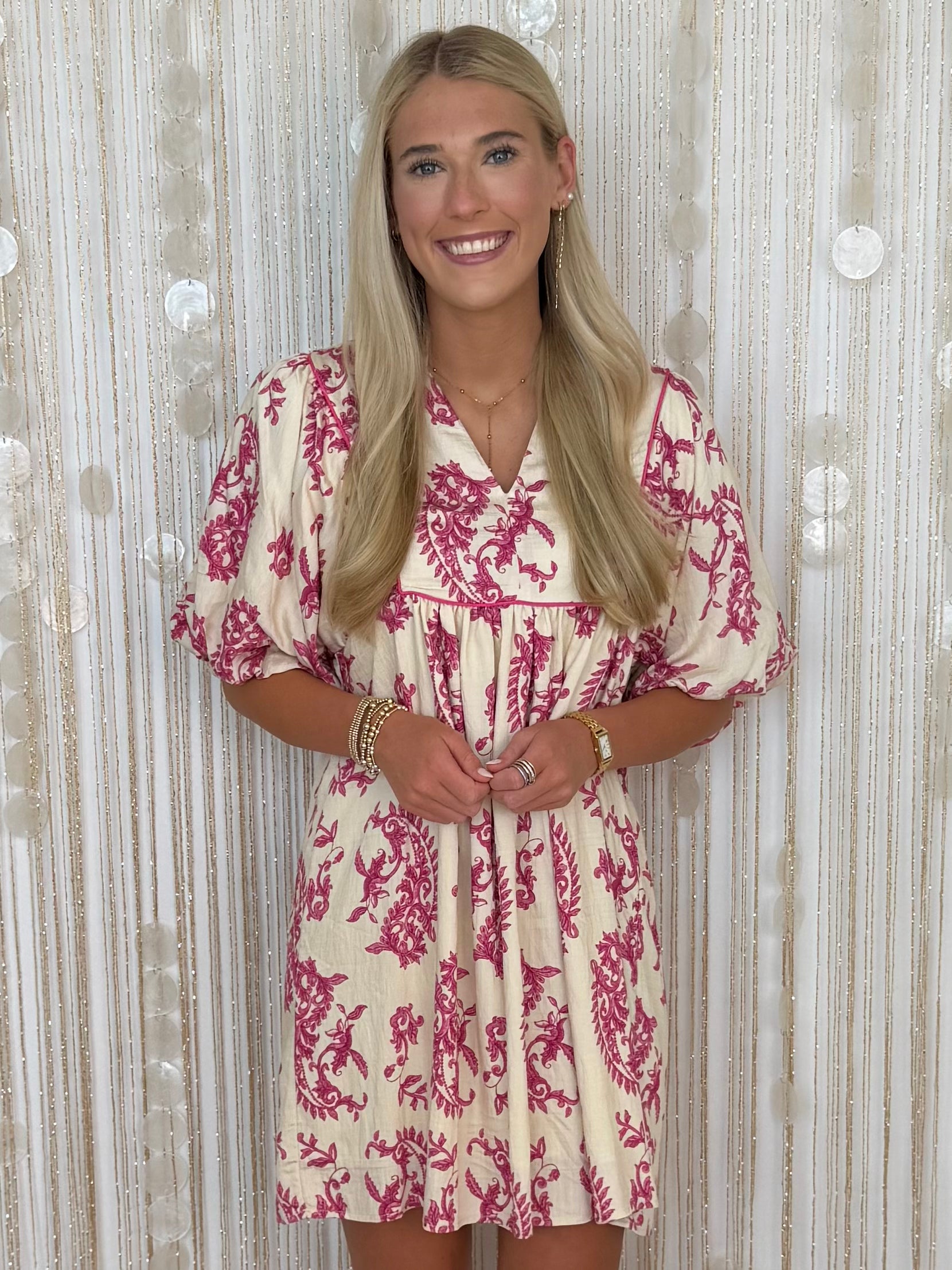 Magnolia Lane Fuchsia Printed Babydoll Dress-Shop-Womens-Boutique-Clothing